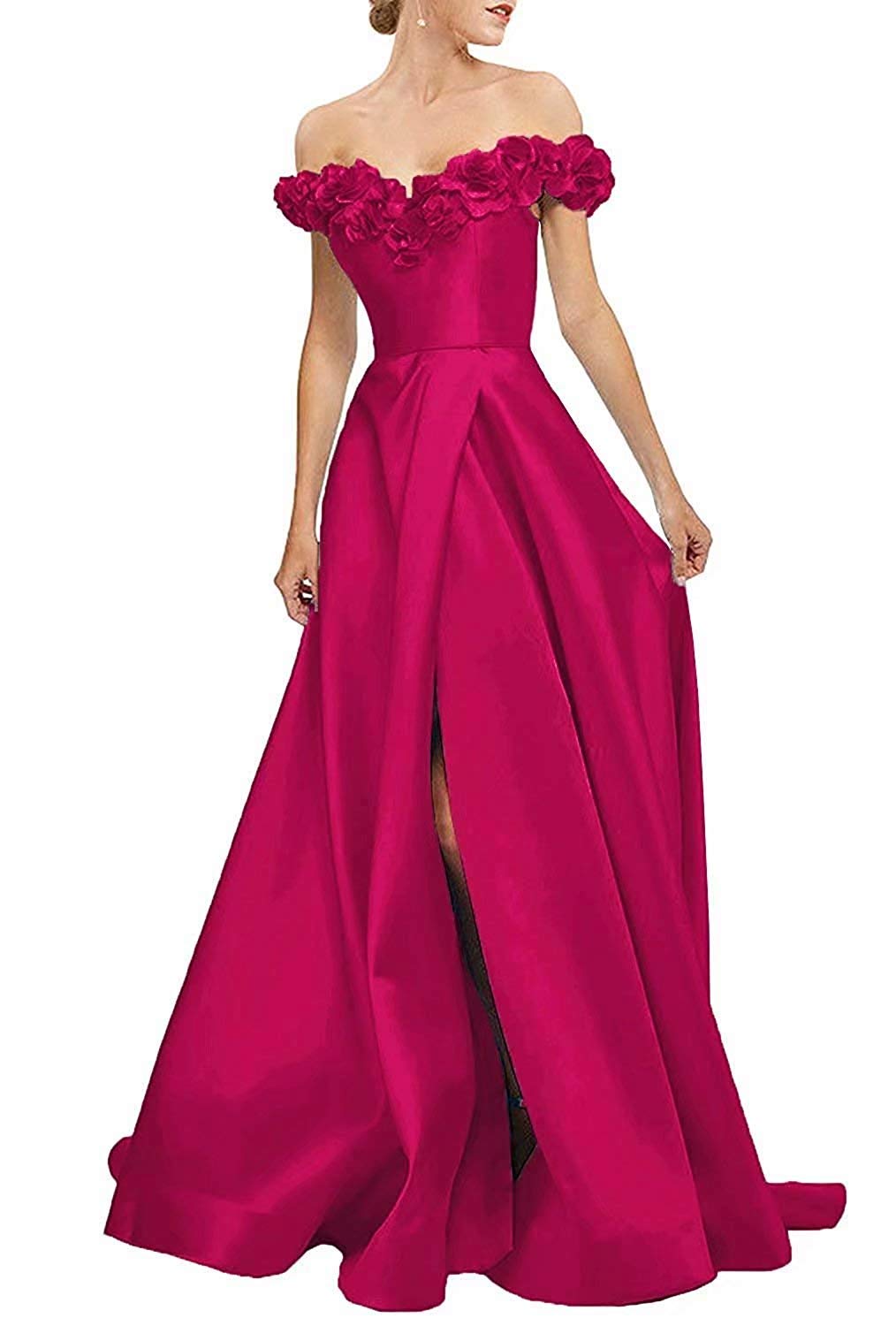 Floral A-Line Off-the-Shoulder Satin Prom Dress for Women - Long Formal Evening Gown with High Slit in Fuchsia Pink - Perfect for Homecoming, Prom Night, Wedding Guest & Special Occasions