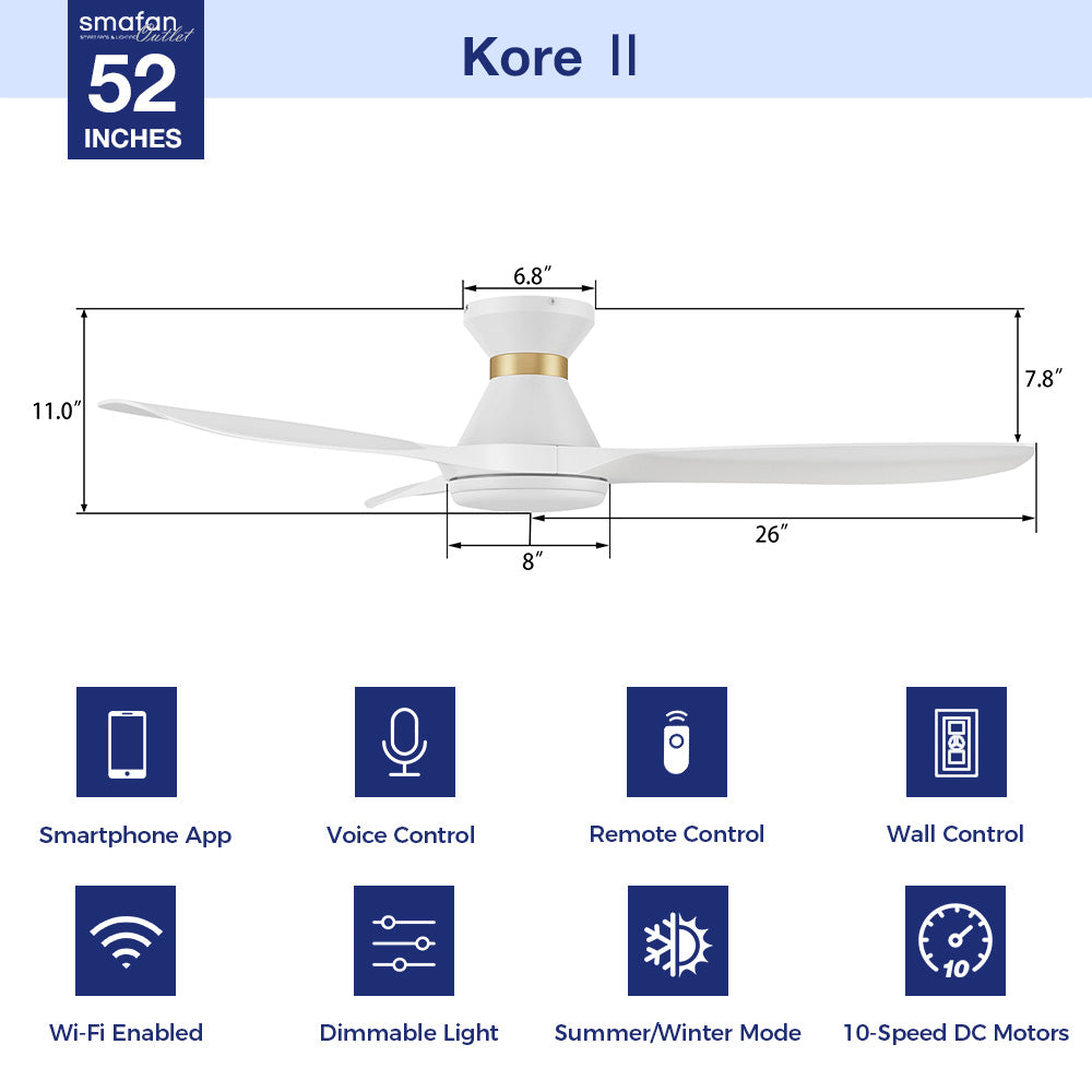 52 Inch Kore II Low Profile Smart Ceiling Fan with LED Light and Remote Control - Perfect for Bedroom, Living Room, and Office Spaces