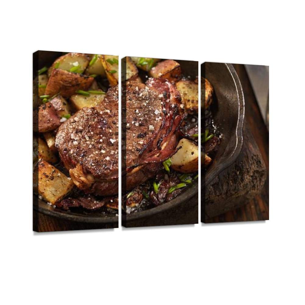 Blaverr 3-Panel Modern Canvas Wall Art - Bacon Wrapped Steak in Garlic Butter Rosemary Food Painting for Living Room & Bedroom Decor - Ready to Hang - Perfect for Kitchen, Dining Room & Food Lover Gifts