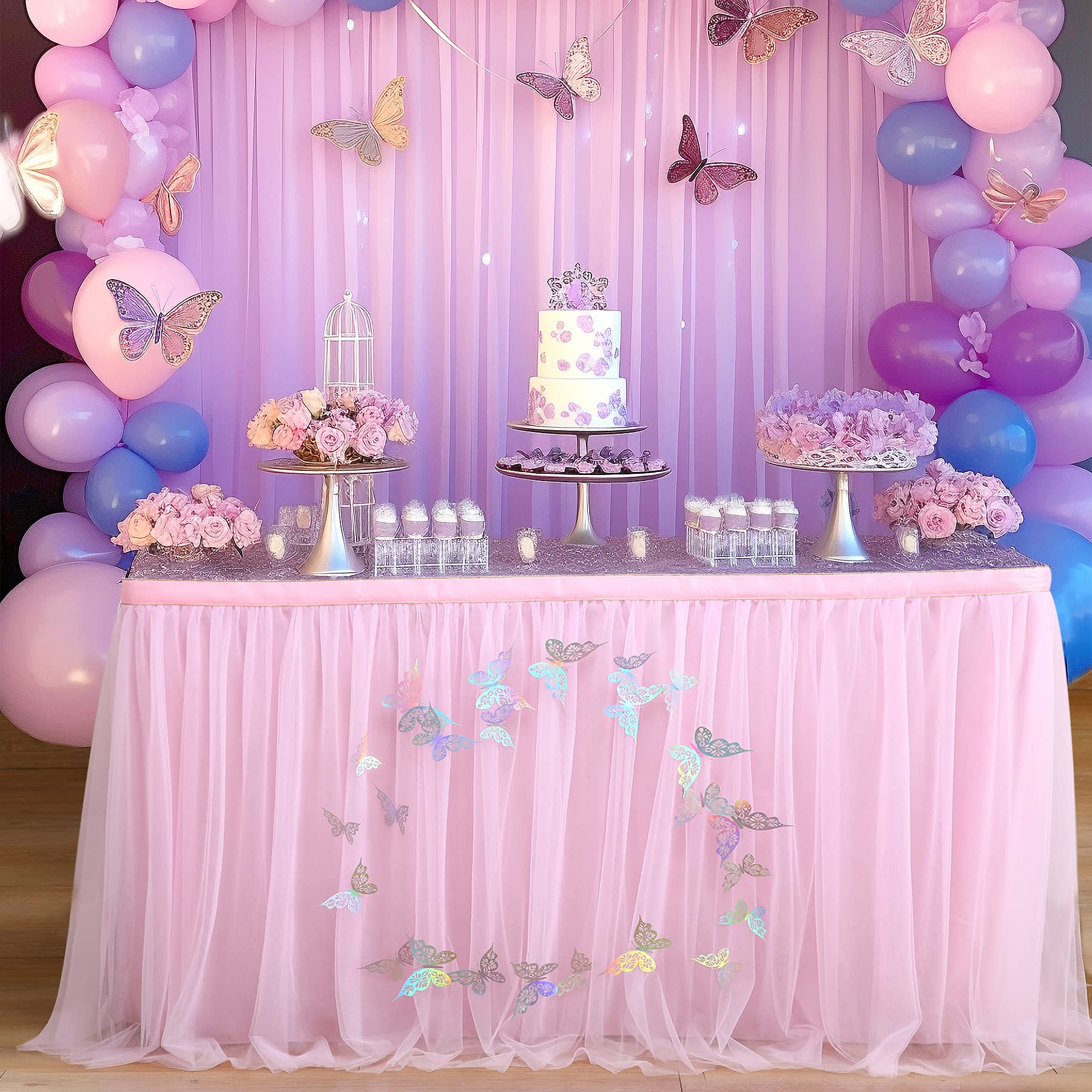 9ft Pink Butterfly Tulle Table Skirt for Rectangle & Round Tables - Tutu Tablecloth for Baby Showers, Girls Birthday Parties, Weddings & Cake Table Decorations - Perfect for Butterfly Theme Events & Dessert Displays