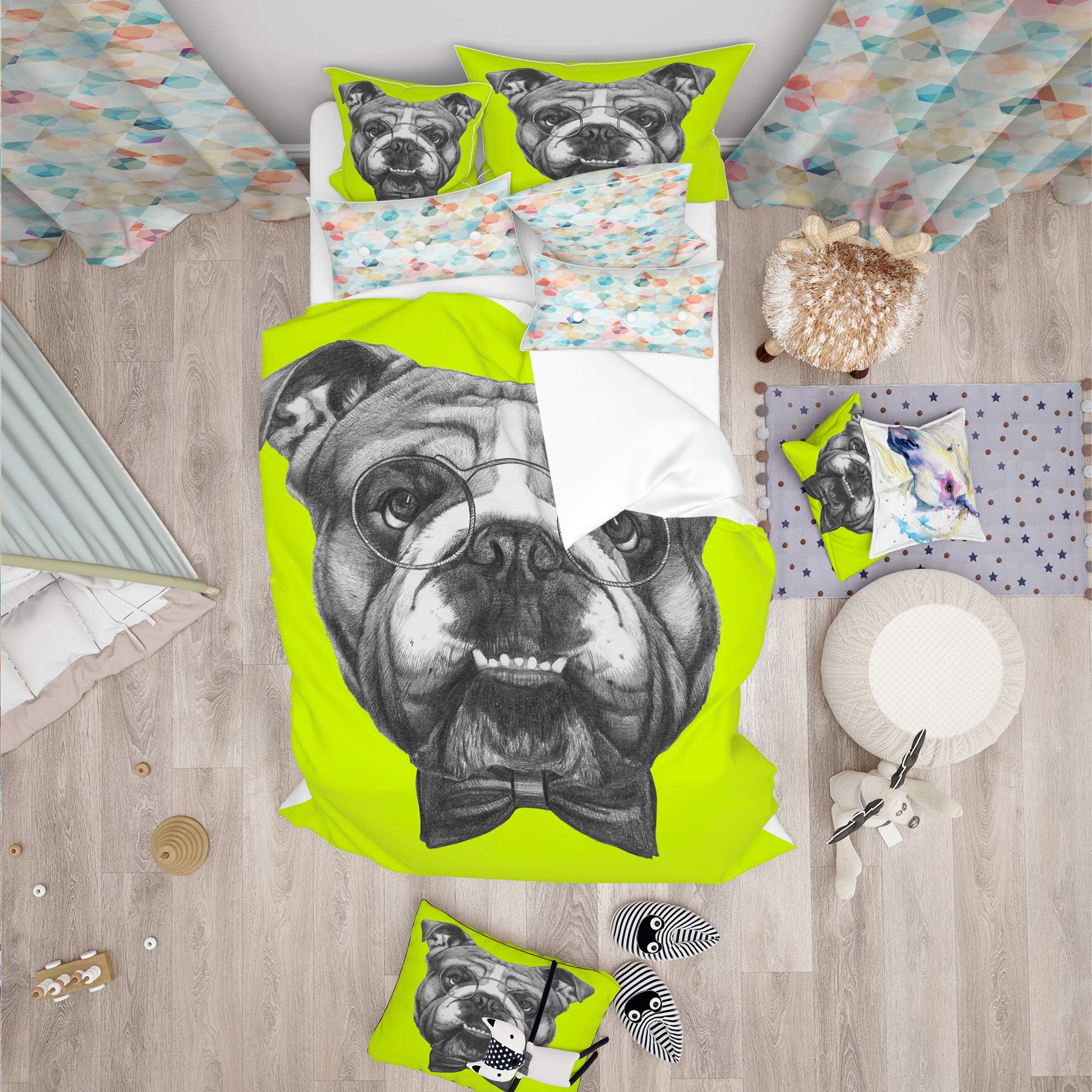 DesignQ English Bulldog with Bow Tie Grey Duvet Cover Set Queen Size - 3 Piece Animal Print Bedding Set for All Seasons | Cozy Home Decor for Dog Lovers & Pet-Themed Bedrooms