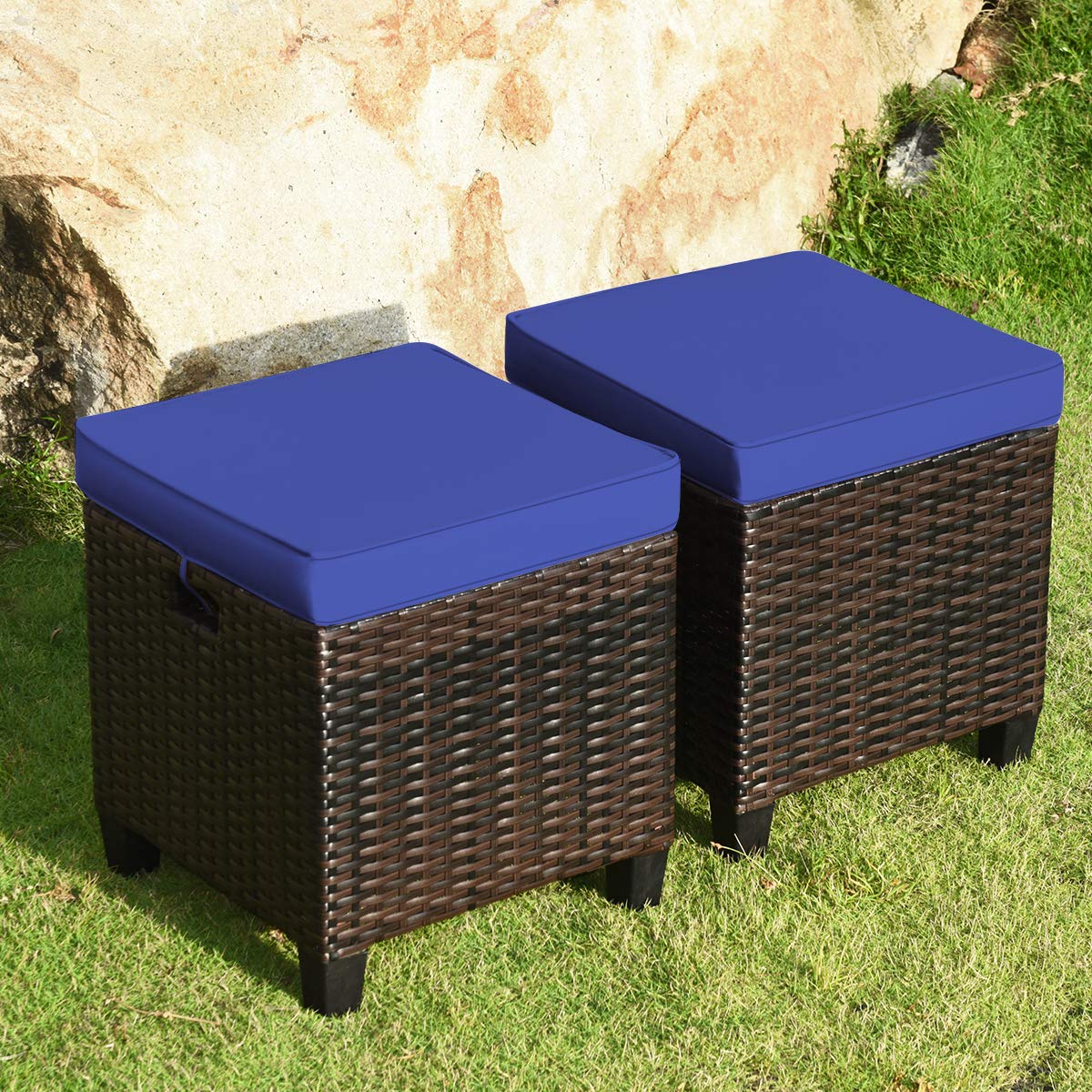 2-Piece Outdoor Rattan Ottoman Set with Removable Cushions - Patio Furniture Footstool & Footrest for Garden, Deck, and Poolside Relaxation