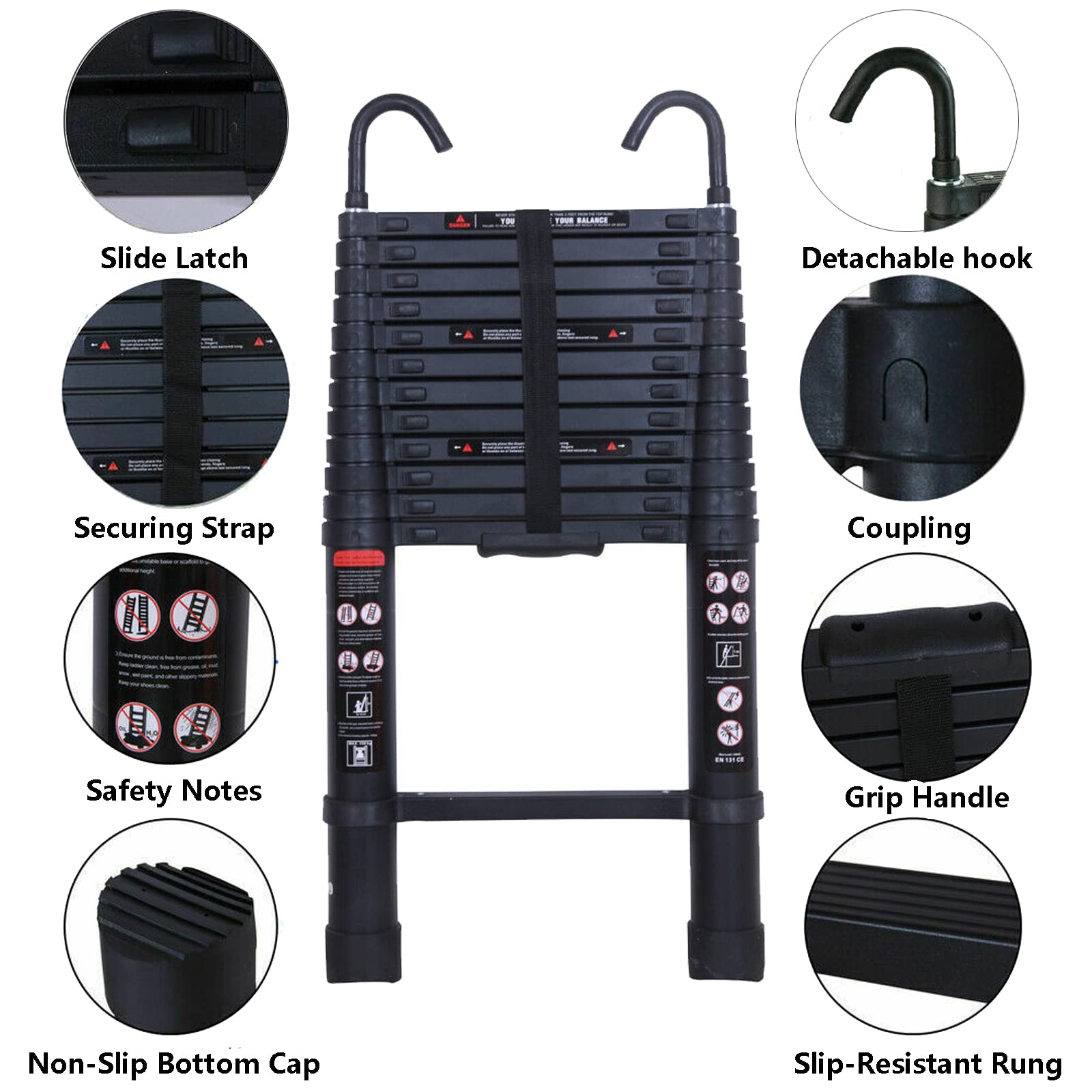12FT Aluminum Telescoping Extension Ladder with 2 Detachable Hooks - 330 Lb Capacity, EN131 Certified - Collapsible Design Extends to 150