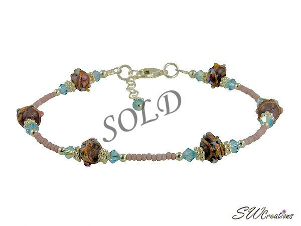 Aqua Crystal Beaded Anklet - Handmade Glass Lampwork Ankle Bracelet for Women, Beach Wedding, Boho Fashion Accessory