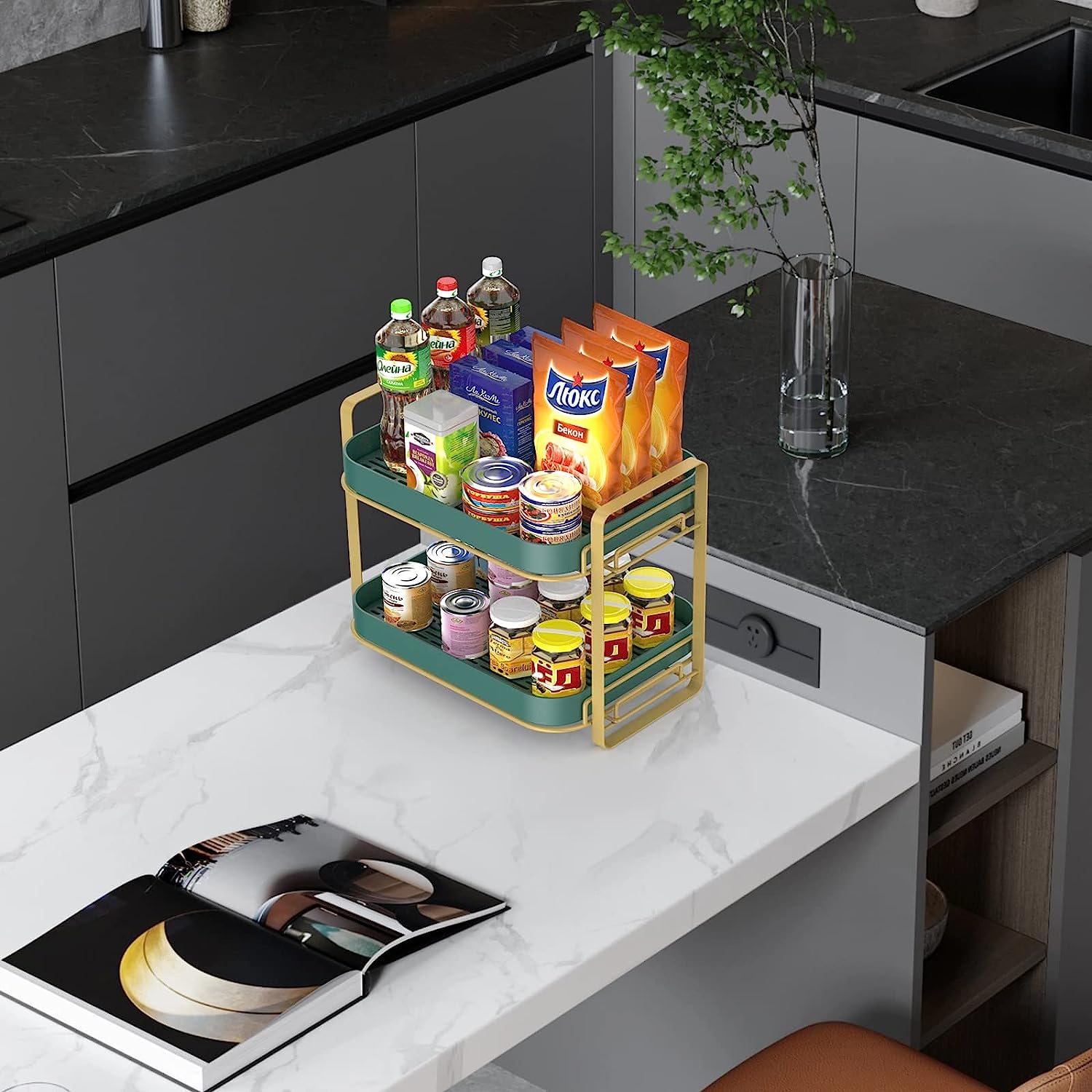 2-Tier Cup Storage Rack - Double Layer Tea & Coffee Mug Organizer with Drain Tray - Space Saving Kitchen Countertop Organizer for Glassware, Cups and Mugs - Perfect for Home, Office or Restaurant Use