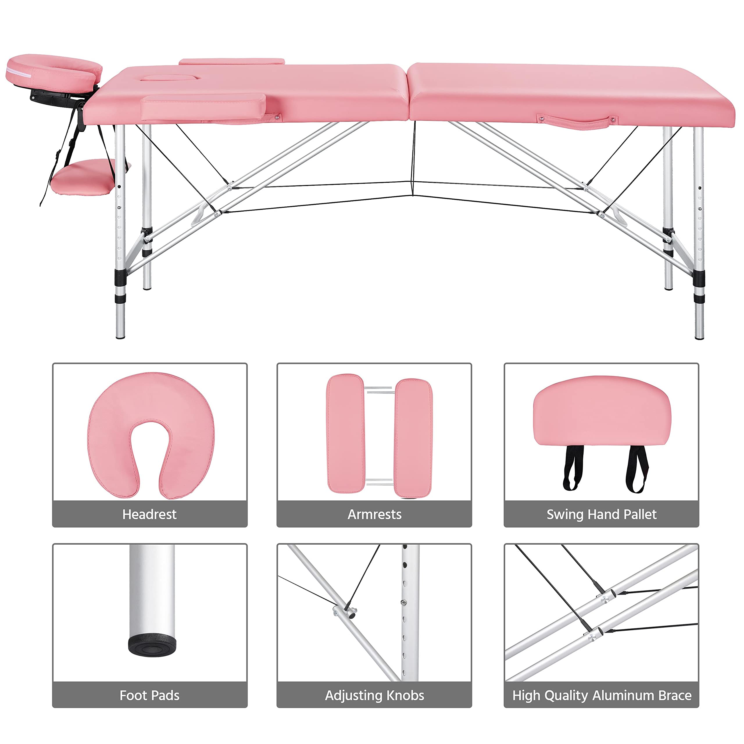 Yaheetech 2-Section Adjustable Massage Bed - Foldable Spa Table with Swivel Stool for Salon & Massage Therapy - Pink - Perfect for Home Spa, Professional Massage Clinics and Beauty Salons