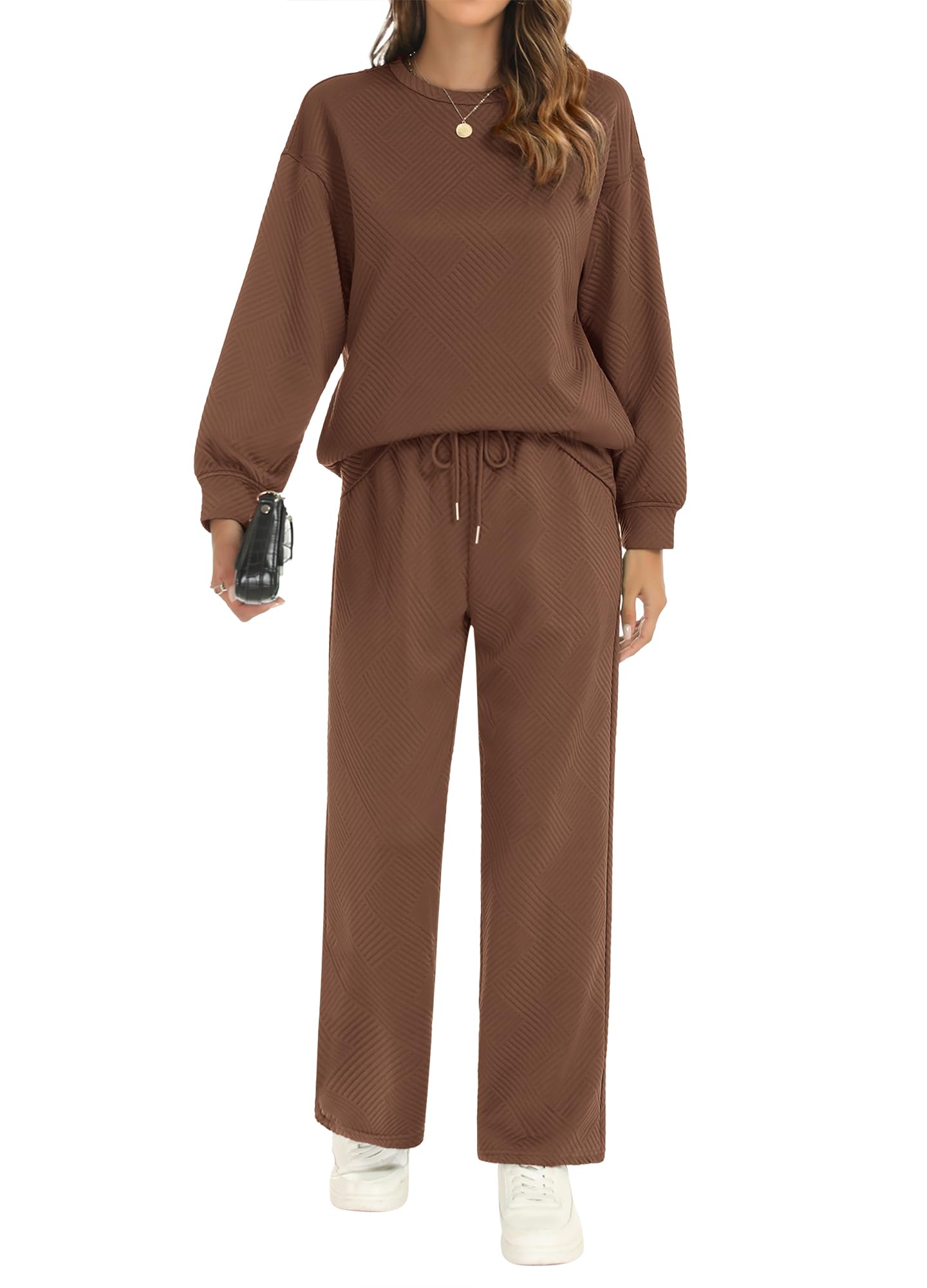 Women's 2-Piece Fall Outfit Set - Long Sleeve Pullover Top & Drawstring Wide Leg Pants Textured Lounge Sweatsuit | Cozy Autumn Loungewear for Home, Travel & Casual Outings