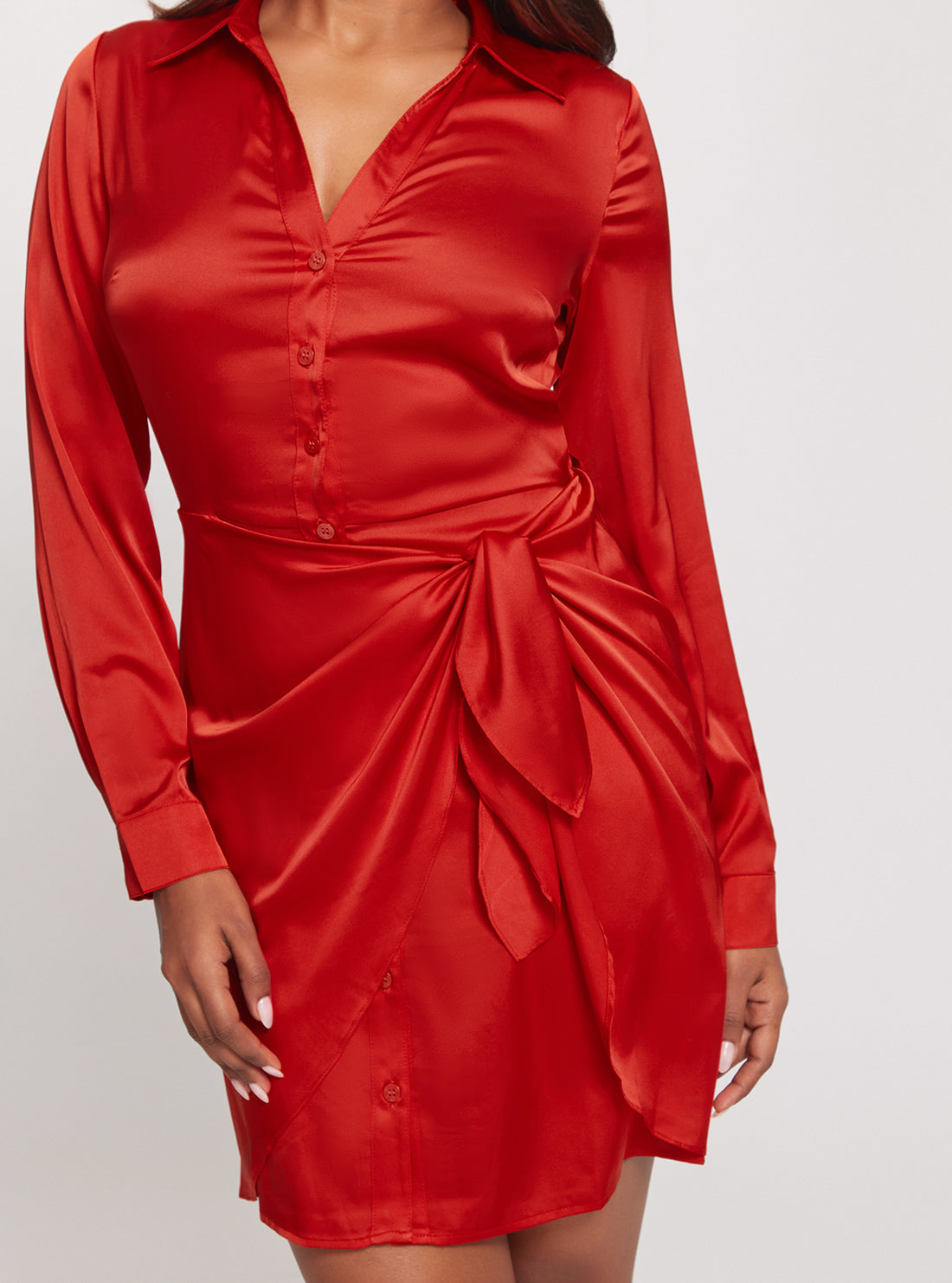 Bright Red Alya Dress - Elegant Women's Party & Evening Gown for Weddings, Prom, Cocktail Events | Flowy Midi Dress with V-Neck & Long Sleeves