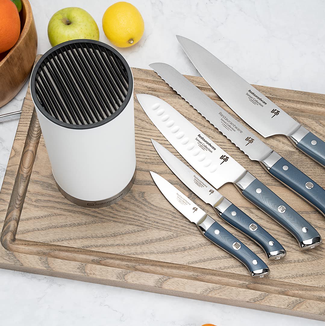 Restaurantware Sensei 4.3 x 8.8 Inch Round Knife Block - White Plastic Universal Knife Holder with Soft Touch, Holds 9 Knives for Easy Storage | Perfect for Kitchen Organization, Countertop Display & Professional Chefs