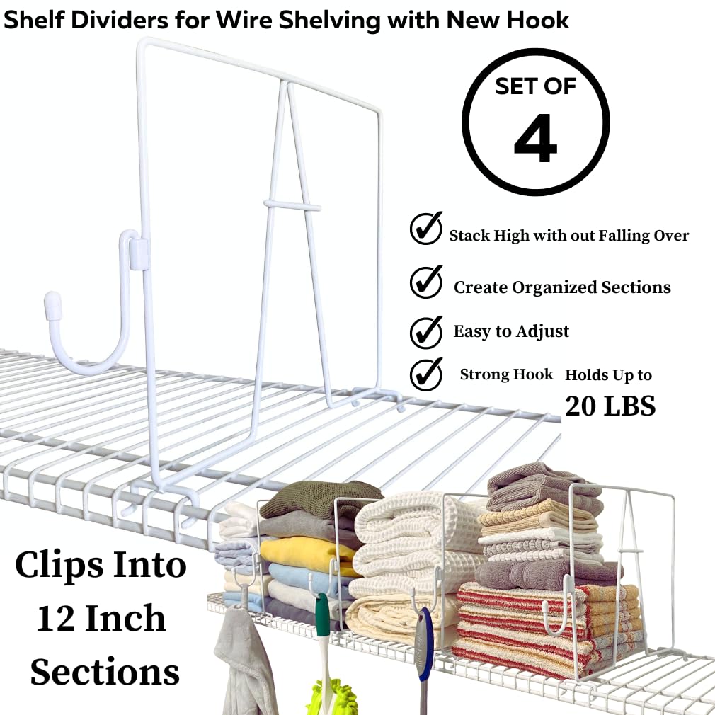 Evelots 4-Pack Wire Shelf Dividers - 12 Inch Tall Closet Organizers with Removable Hooks for Home & Office Storage - No Tools Needed - Sturdy Coated Steel Shelf Separators | Perfect for Pantry, Closet, Garage & Office Organization