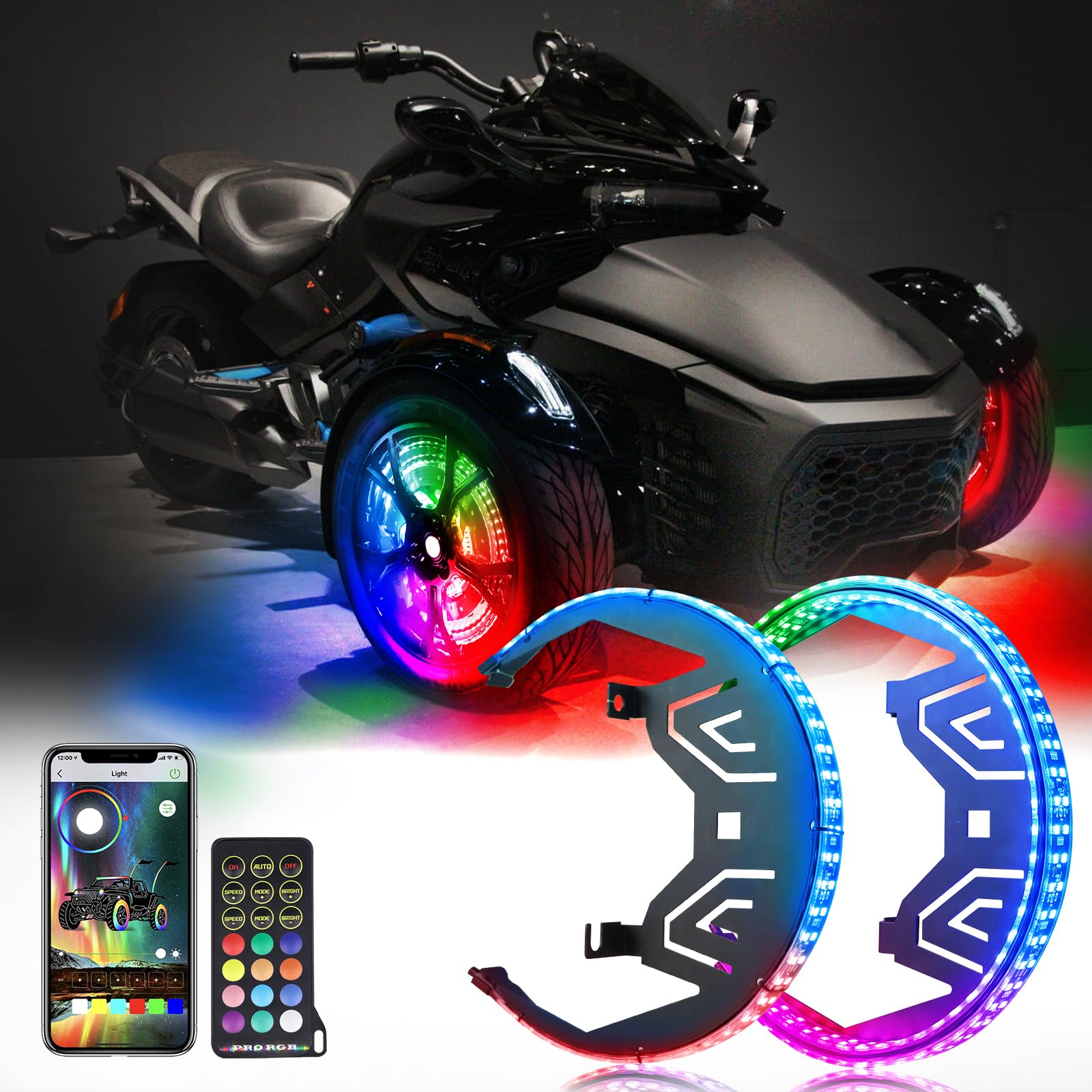Cam-Am Spyder F3 Wheel Ring Lights (2017-2024 Models F3-S/F3-T/F3 Limited) - Bluetooth RGB LED Accent Lights with Remote Control for Night Riding & Custom Styling