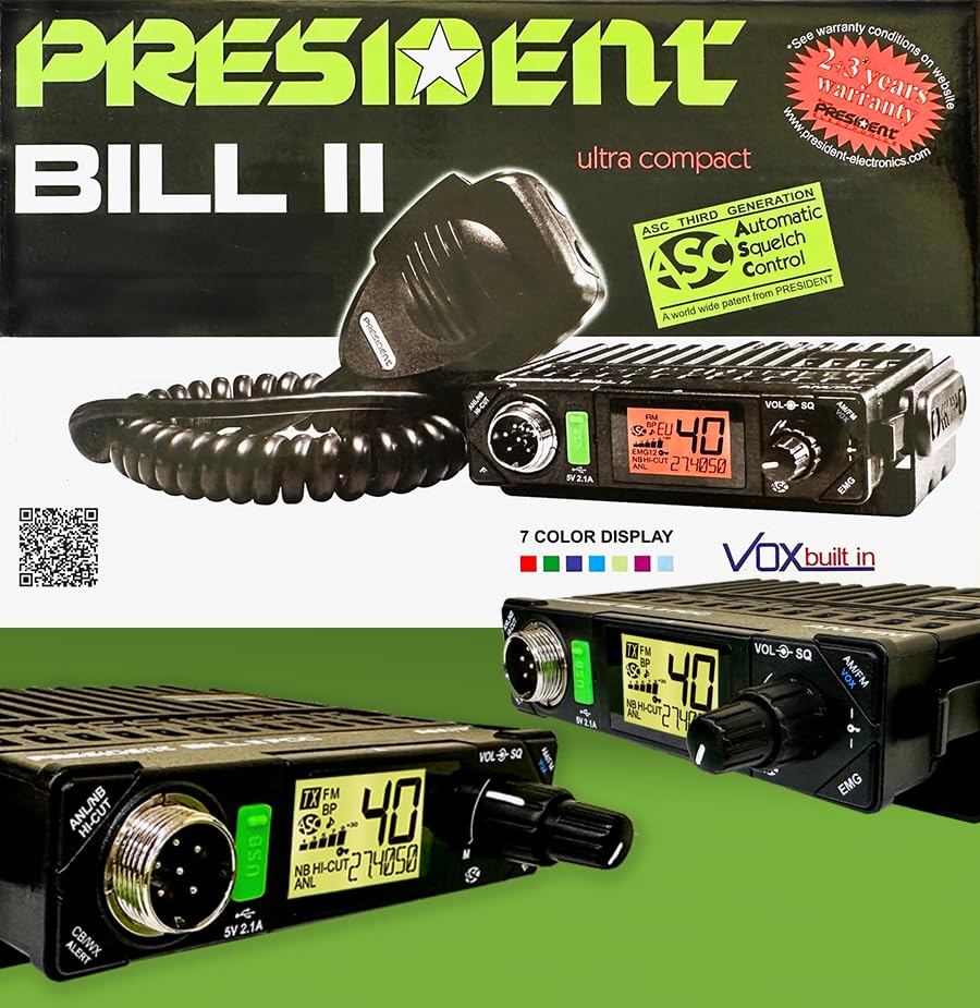 President Electronics Bill II FCC Ultra-Compact AM/FM CB Radio - Portable Two-Way Communication for Trucking, Off-Road & Emergency Use