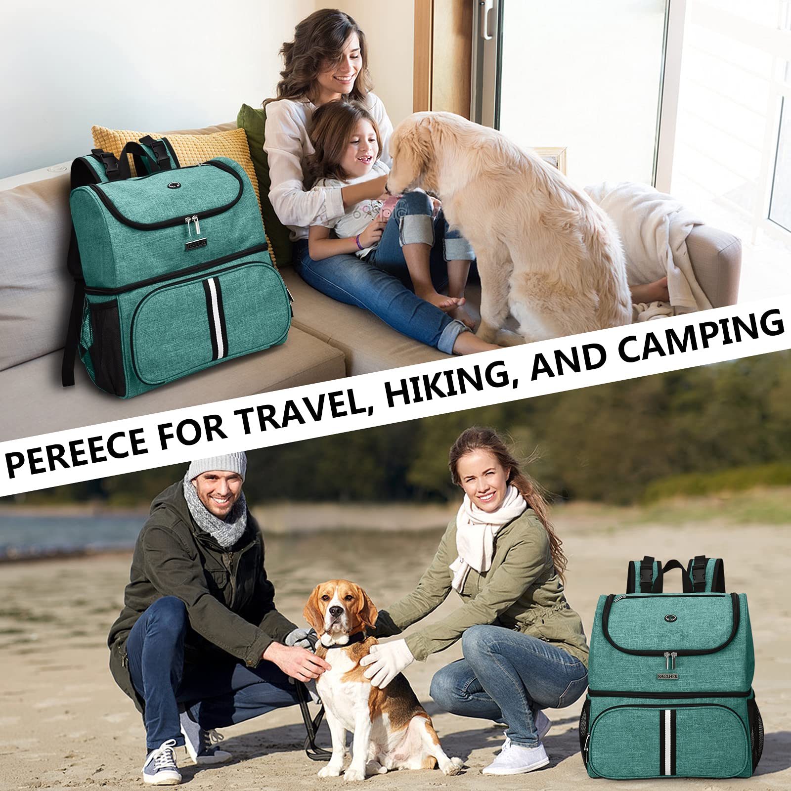 BAGLHER Pet Travel Backpack with Bowls - Green for Outdoor Adventures