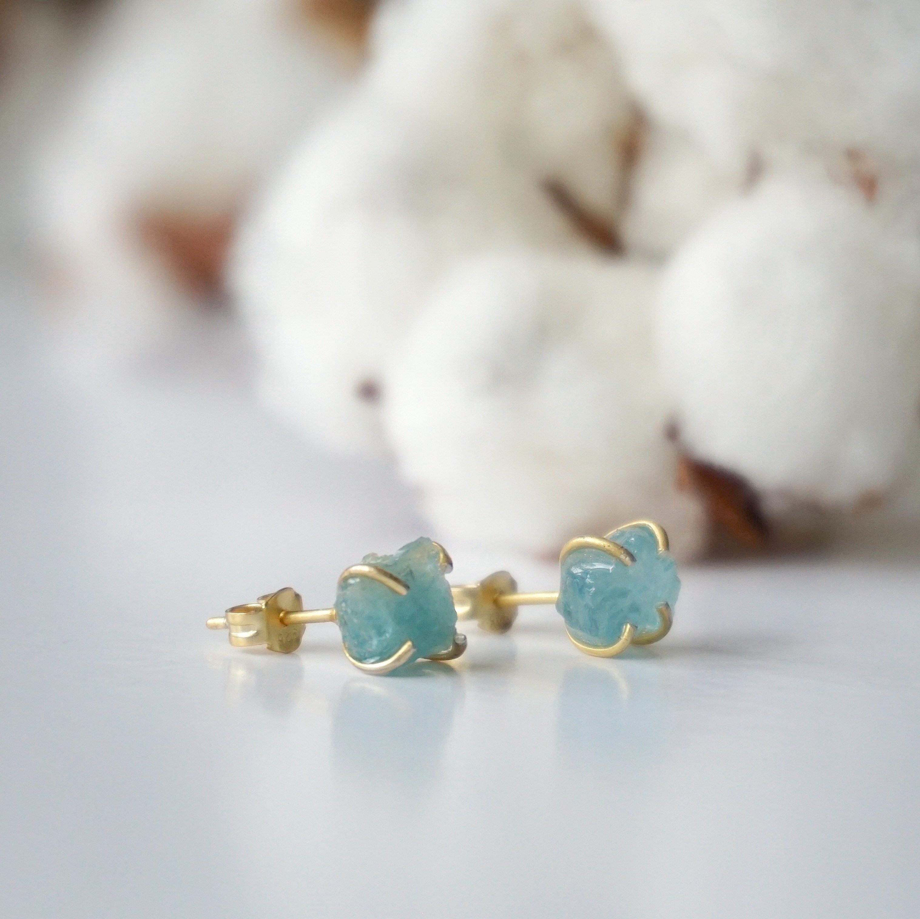 Natural Raw Aquamarine Huggie Stud Earrings - 14k Gold Filled Dainty Jewelry for Women - Perfect for Everyday Wear, Gifts & Special Occasions
