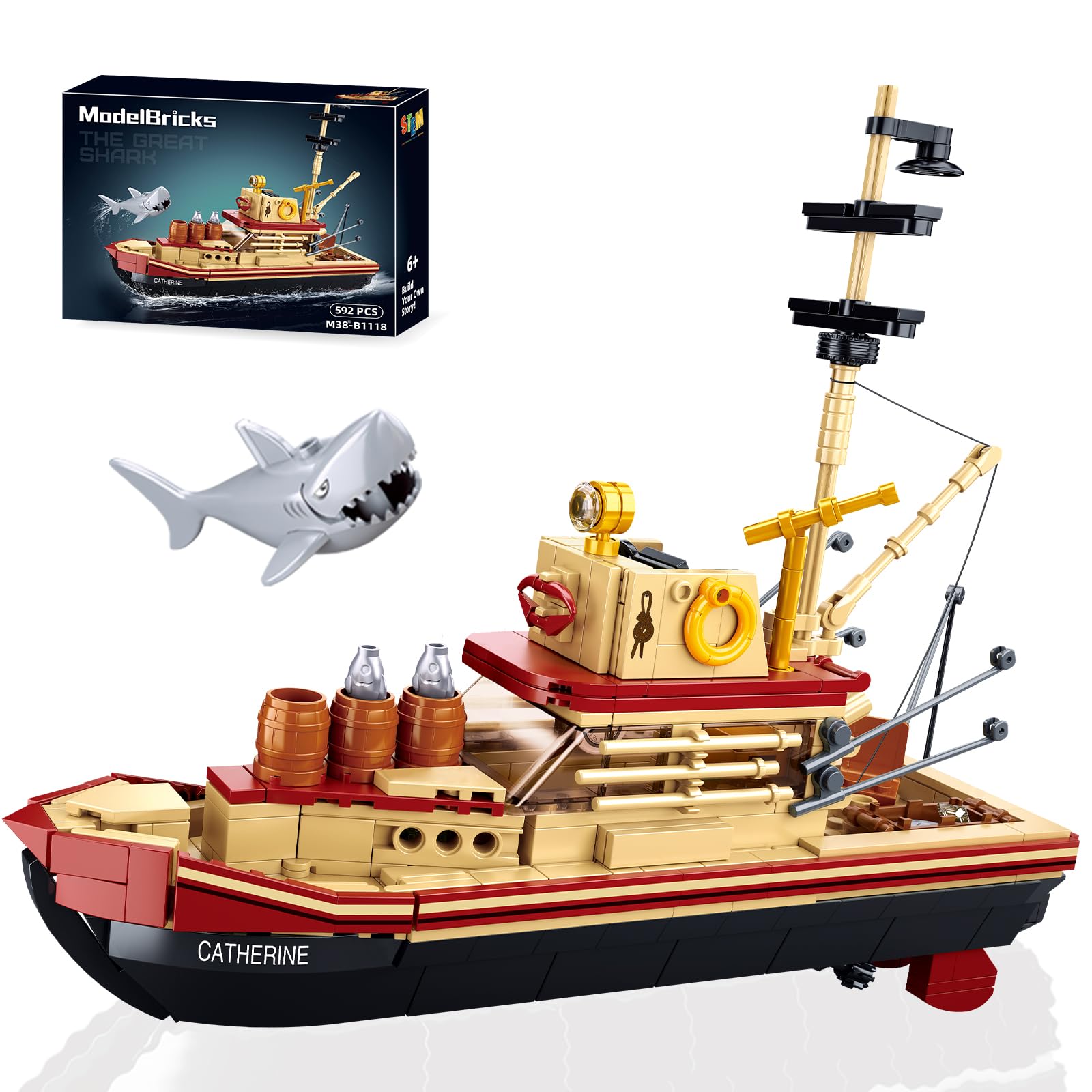 City Jaws Fishing Boat Building Block Kit - 592 PCS Lego-Compatible Marine Toy for Kids & Adults Age 6+ | Perfect for Ocean Exploration Enthusiasts, Sea Fishing Decor & Creative Playtime