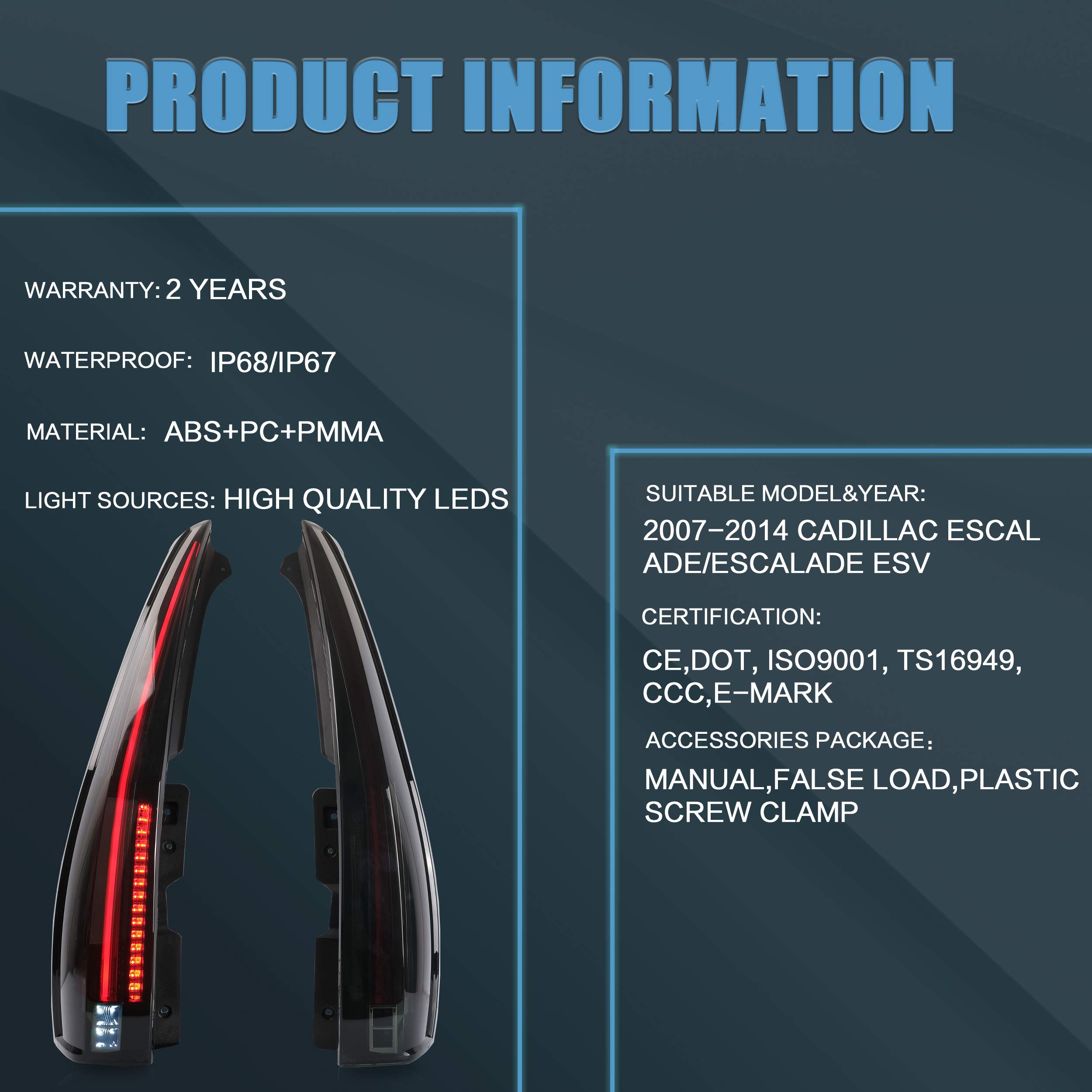VLAND LED Tail Lights Assembly for 2007-2014 Cadillac Escalade & Escalade ESV - Smoked Lens, Red Turn Signal, 6 Hole 5 Pin Plug, Plug & Play (Not Compatible with GMC/Chevrolet) - Upgrade Your SUV's Style & Night Visibility