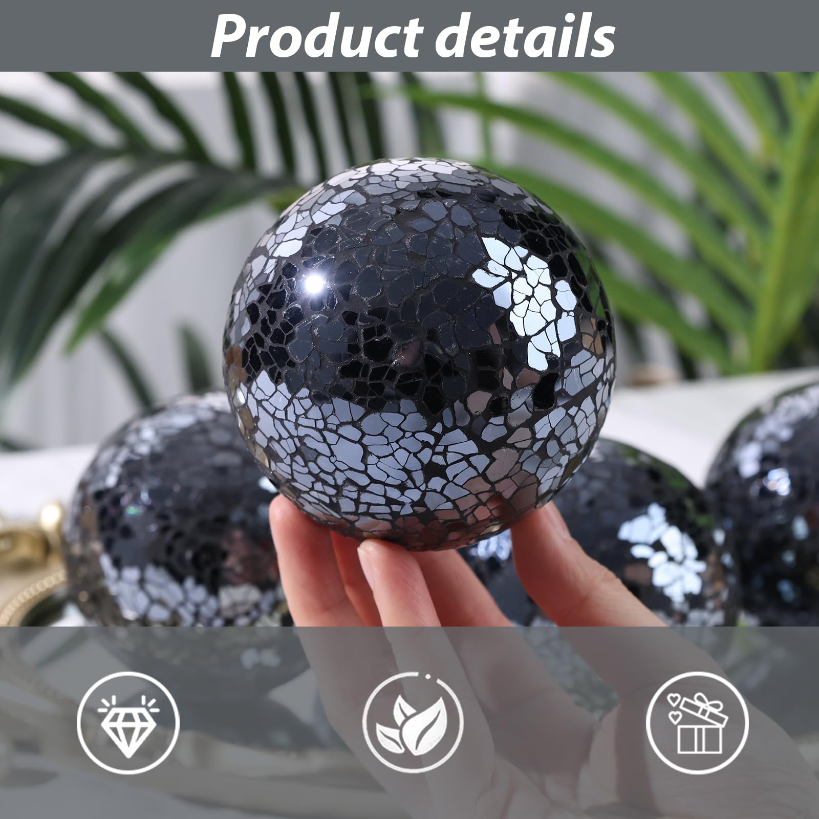 FUTUREPLUSX 5PCS 3.2 Inch Black Mosaic Glass Decorative Balls - Elegant Centerpiece Orbs for Bowls, Vases, Tables, Wedding & Party Decorations - Perfect for Home, Office, and Event Decor