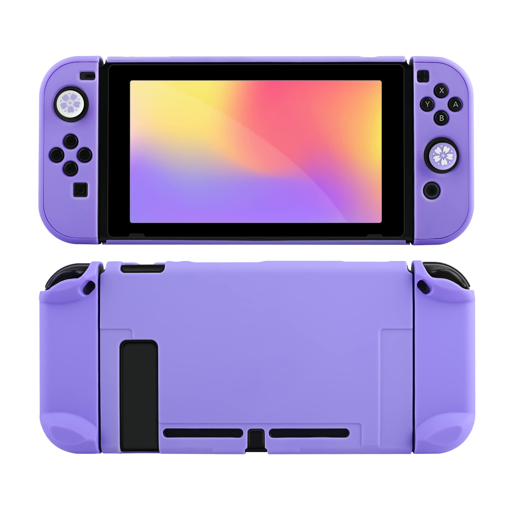 Durable Hard Shell Protective Case for Nintendo Switch & Joy-Con Controllers - Cute Purple Design with 2 Flower Thumb Grips - Perfect for Travel, Storage & Gaming Protection