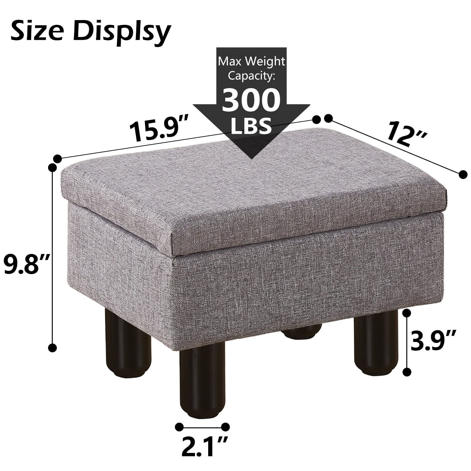 Modern Linen Foot Stool Ottoman with Solid Wood Legs - Dark Grey Storage Footrest, Step Stool & Accent Seat for Living Room, Couch | Perfect for Extra Seating, Foot Support & Home Organization