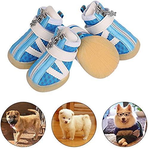 PETLOFT Reflective Slip-Resistant Dog Boots for Small & Medium Dogs - 4-Pack Adjustable Puppy Booties with Fastener Strap - Paw Protection for Daily Walks, Hiking & Winter Use (Blue, Medium)