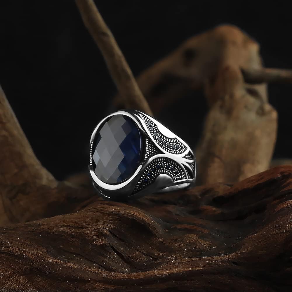 925 Sterling Silver Men's Ring with Genuine Sapphire Gemstone - Handmade Engraved Minimalist Band for Men (Size 14.5) - Perfect Gift for Anniversary, Wedding & Everyday Wear