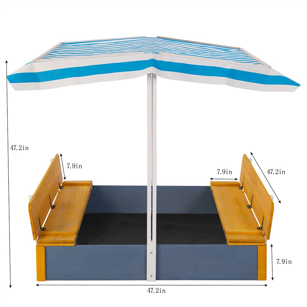 Kids Wooden Sandbox with Cover & 2 Foldable Bench Seats - Outdoor Sand Pit for Backyard Play Ages 3-8 | Adjustable Rotatable Canopy for Sun Protection - Perfect for Garden, Patio & Preschool Play Areas