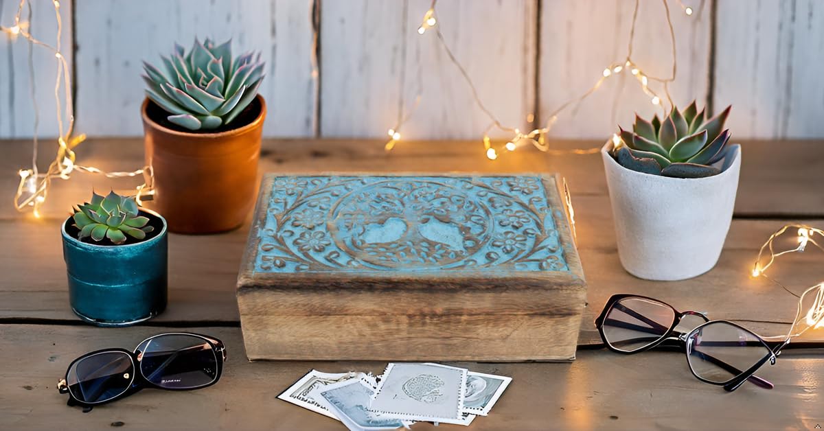 Handmade Tree of Life Wooden Jewelry Box - Blue Decorative Treasure Chest with Lock | Jewelry Organizer, Watch Box & Keepsake Storage | Perfect Birthday Gift for Women, Brides & Anniversary | Home Décor & Jewelry Display