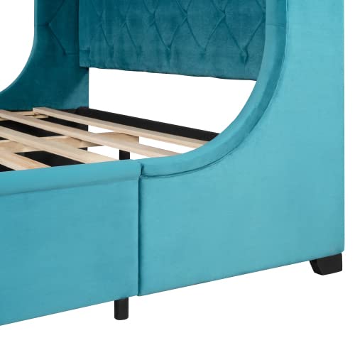 Queen Size Storage Bed with Drawer - Velvet Upholstered Platform Bed Frame with Wingback Headboard & Wooden Slat Support - Modern Blue Bedroom Furniture for Small Space & Guest Room - Perfect for Apartments, Dorms & Master Bedrooms