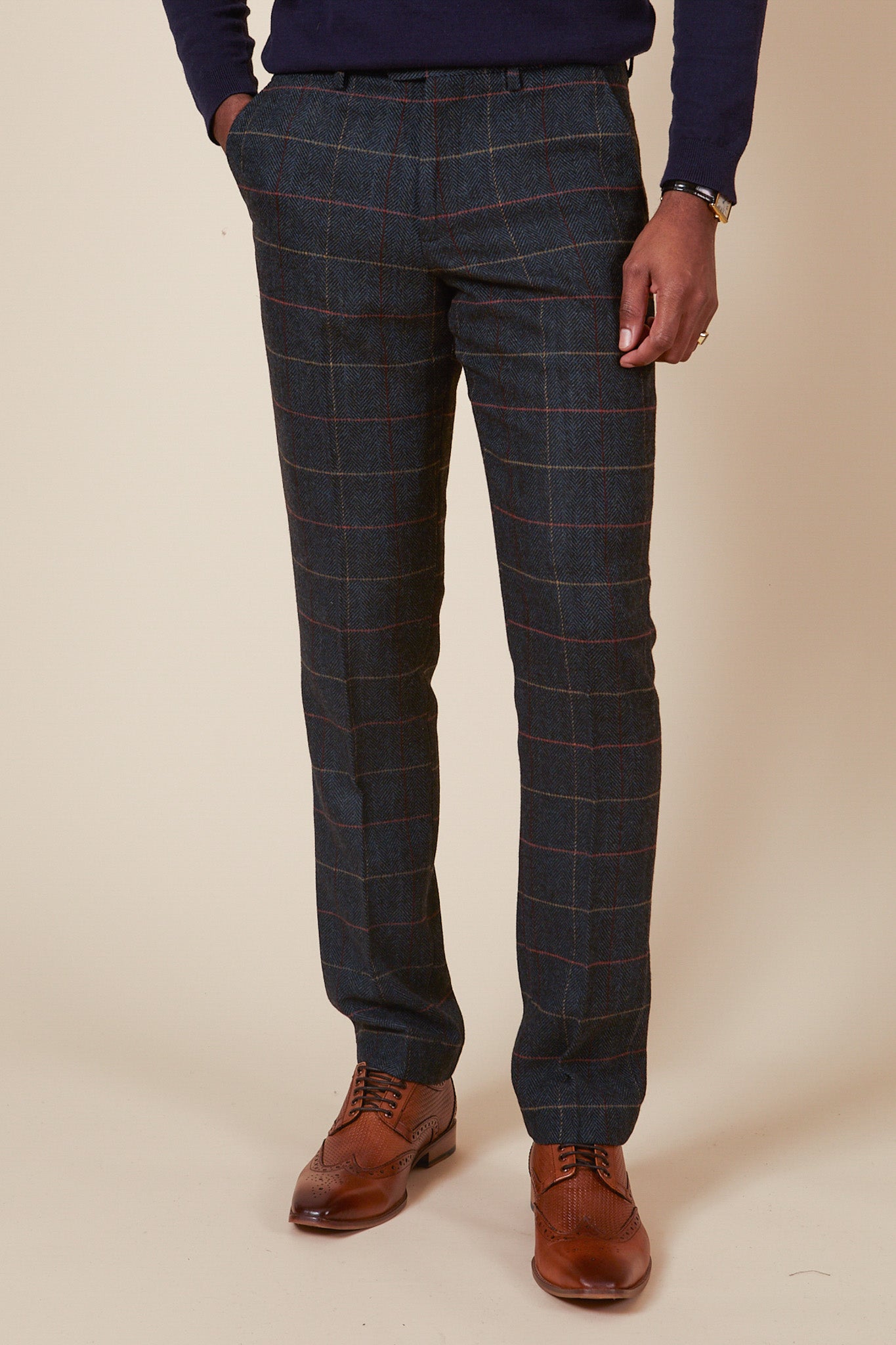 ETON Navy Blue Tweed Check Trousers for Men - Classic Wool Blend Dress Pants for Business, Office & Formal Occasions