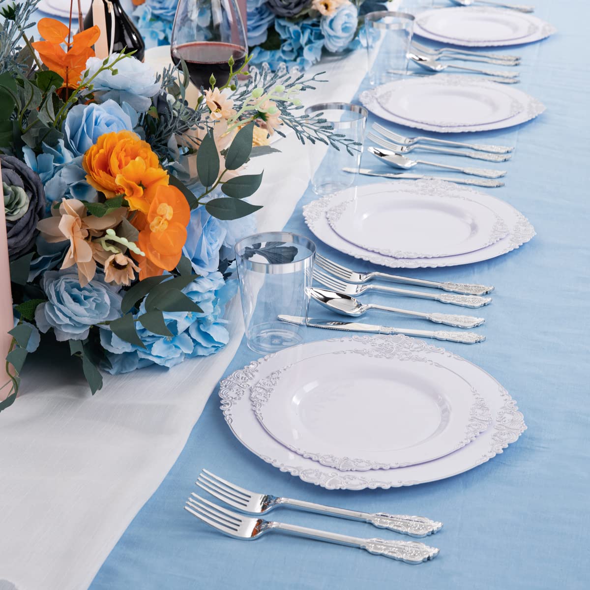Hioasis 200-Pack Silver Plastic Plates & White with Silver Disposable Plates - 10.25 Inch & 7.5 Inch Elegant Dinnerware - Perfect for Christmas, Wedding, Party & Holiday Gatherings - Ideal for Buffets, Catering & Outdoor Events