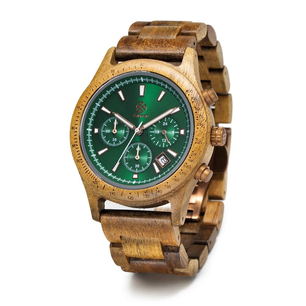 Zeitholz Men's Wooden Watch - 100% Natural Wood, Japanese Quartz Movement, Analog Chronograph with Calendar - 42mm New Bergen Style - Perfect for Casual Wear, Outdoor Adventures & Unique Gifts
