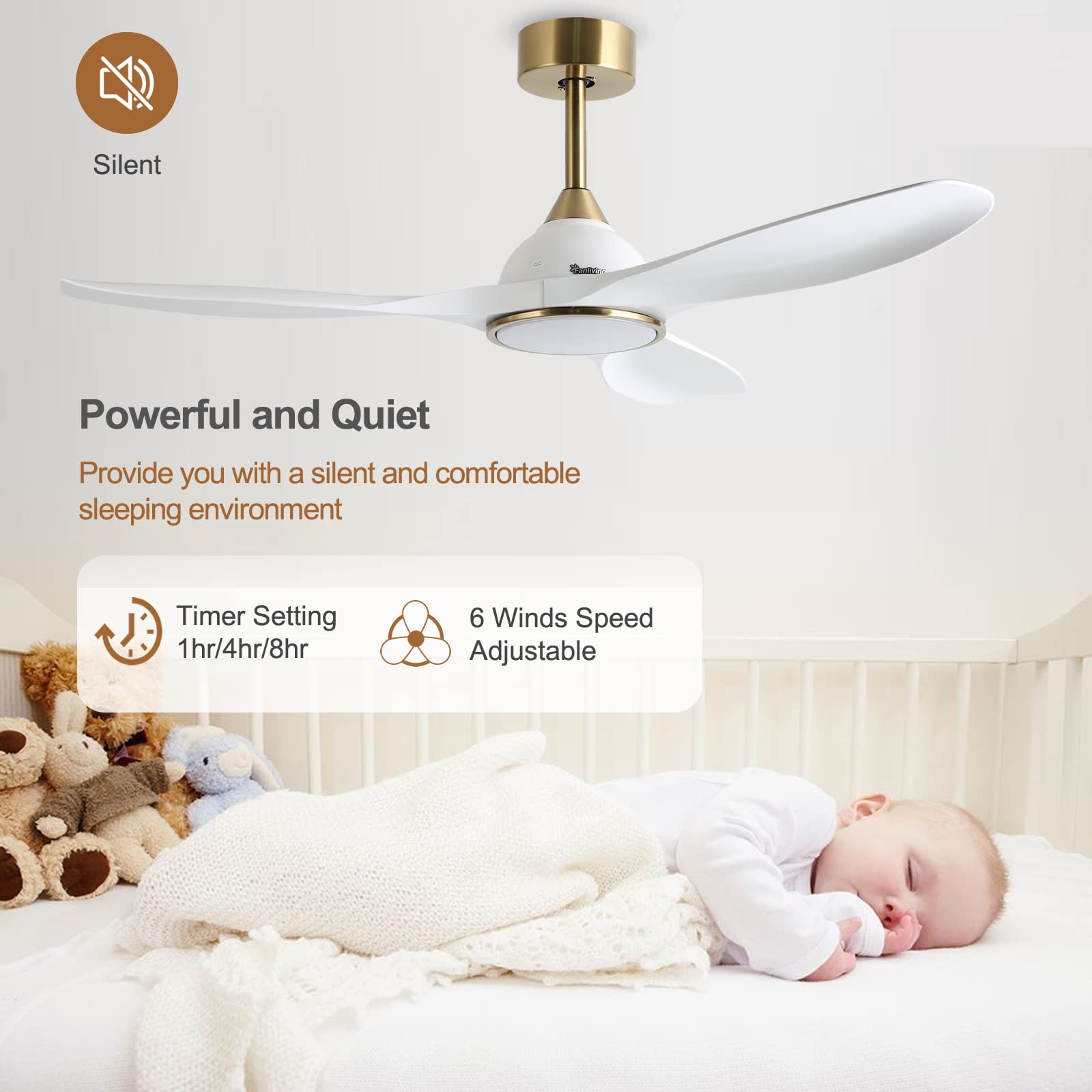 52 Inch 6-Speed High CFM Quiet DC Motor Modern Ceiling Fan with LED Light and Remote Control - 3 Blade White Gold Indoor Ceiling Fan for Bedroom, Living Room, Dining Room, and Office - Energy Efficient Cooling with Stylish Design