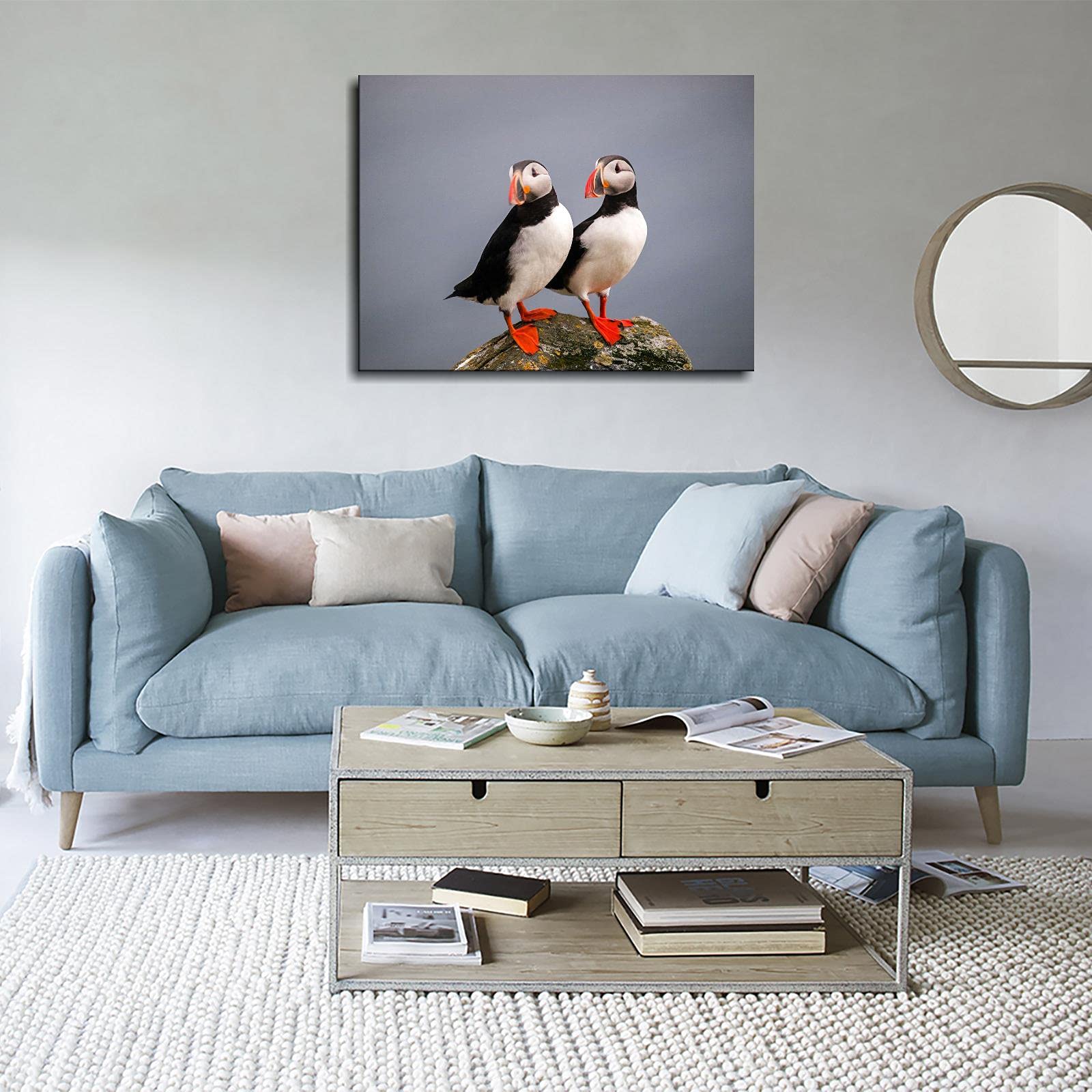 Cute Atlantic Puffin Bird Wildlife Poster - Premium Canvas Print Wall Art (32x24 Inches Framed) for Home & Office Decor - Perfect for Living Room, Bedroom or Gift