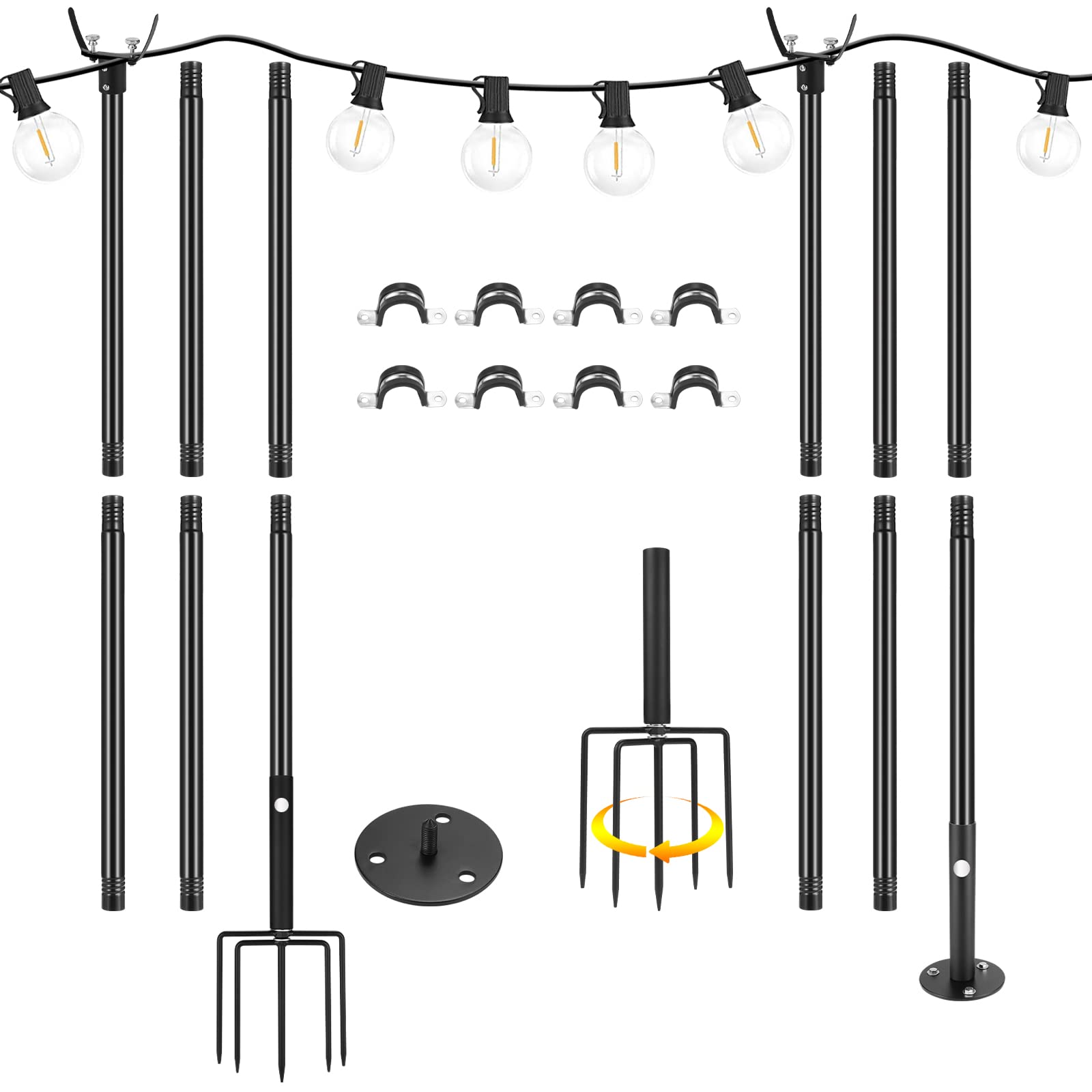 10Ft Adjustable Outdoor String Light Poles with Fork & Base - 2 Pack Sturdy Metal Patio Light Poles for Garden, Backyard, Party & Wedding Decor | Weather-Resistant for Permanent or Temporary Use