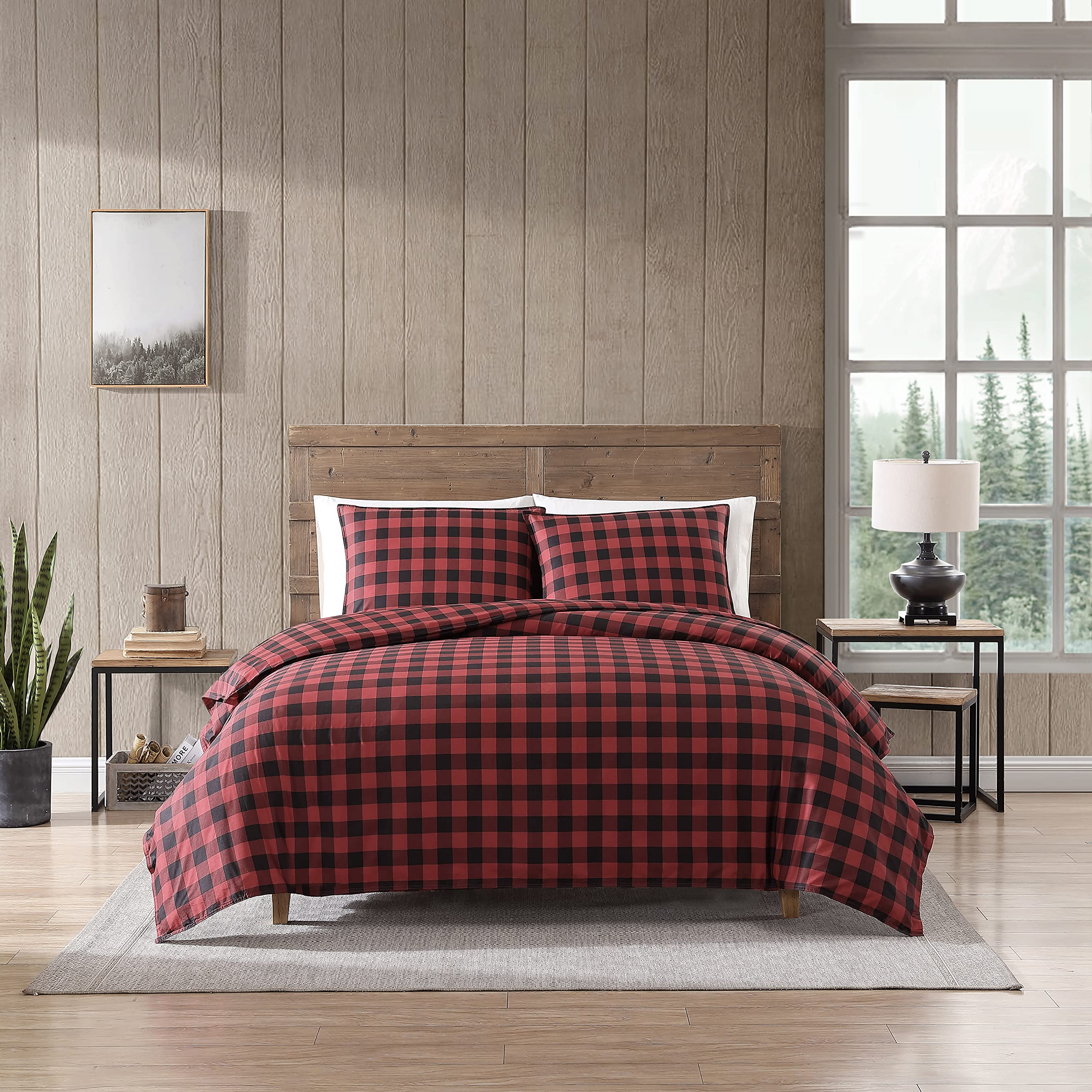 Eddie Bauer Queen Size Comforter Set - 100% Cotton Reversible Bedding with Buffalo Plaid Design, All-Season Warmth (Red/Black) for Cozy Bedroom & Guest Room Decor