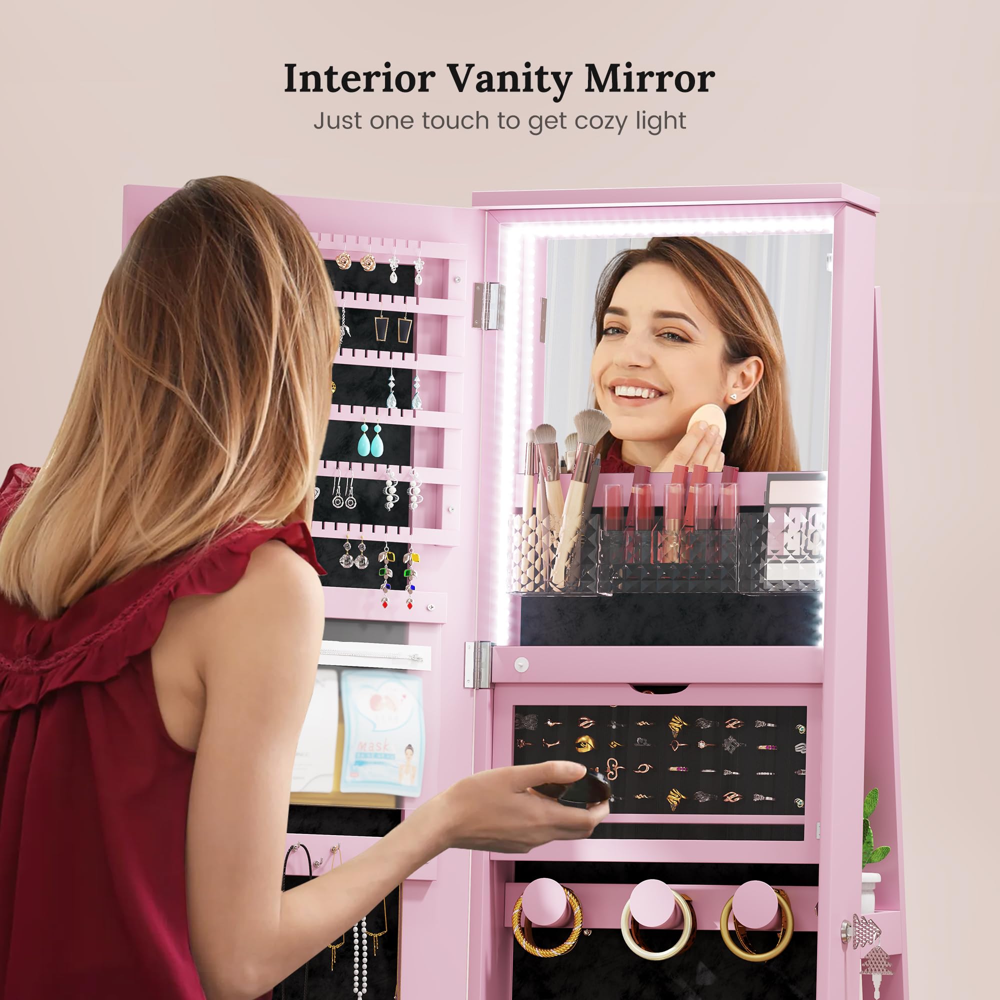 LED Full Length Mirror with Jewelry Storage & 360° Swivel - Lighted Vanity Mirror Jewelry Cabinet with Large Wooden Drawer - Perfect for Bedroom, Dressing Room & Christmas Gifts (Pink)
