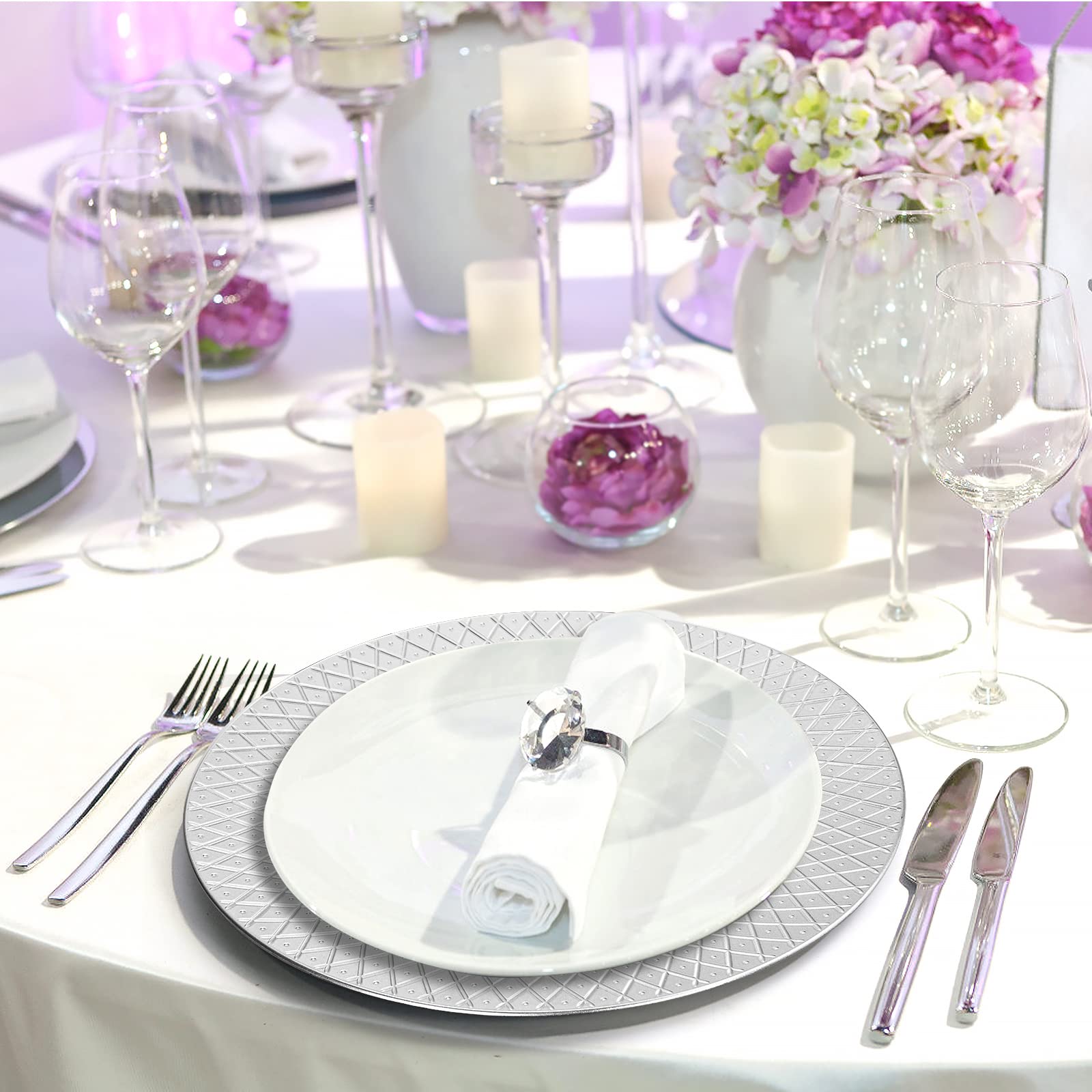 12 Pack Silver Charger Plates - 13 Inch Decorative Round Plastic Dinner Plates with Diamond Pattern, Reusable for Wedding, Party, Holiday & Events - Elegant Table Setting for Formal Dining & Special Occasions