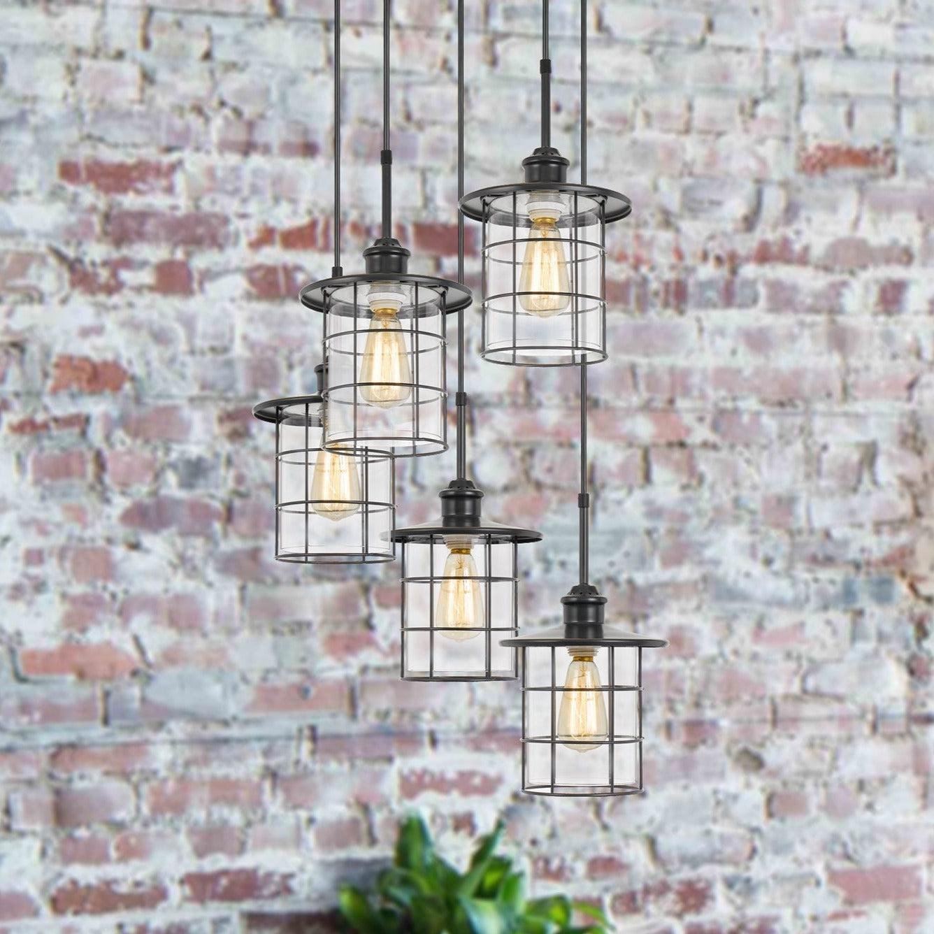 Cal Lighting 60W Silverton 5-Light Metal and Glass Pendant Light Fixture - Modern Dining Room & Kitchen Island Lighting for Home Decor