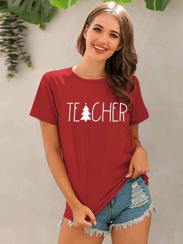 BANGELY Women's Christmas Teacher Shirt - Cute Tree Graphic Holiday Tee, Short Sleeve Xmas Top (Perfect Gift for Teachers, Holiday Parties & School Events)