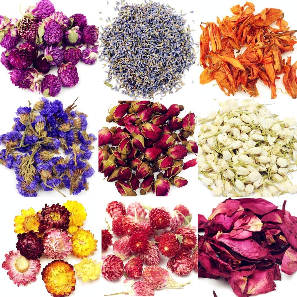 9-Piece Dried Flowers Set for Candle Making & Soap Making - DIY Craft Kit with Natural Lemon, Lavender, Rose Leaf, Pink Rose, Red Rose, Jasmine & Rose Petals | Perfect for Home Decor, Wedding Favors & Aromatherapy