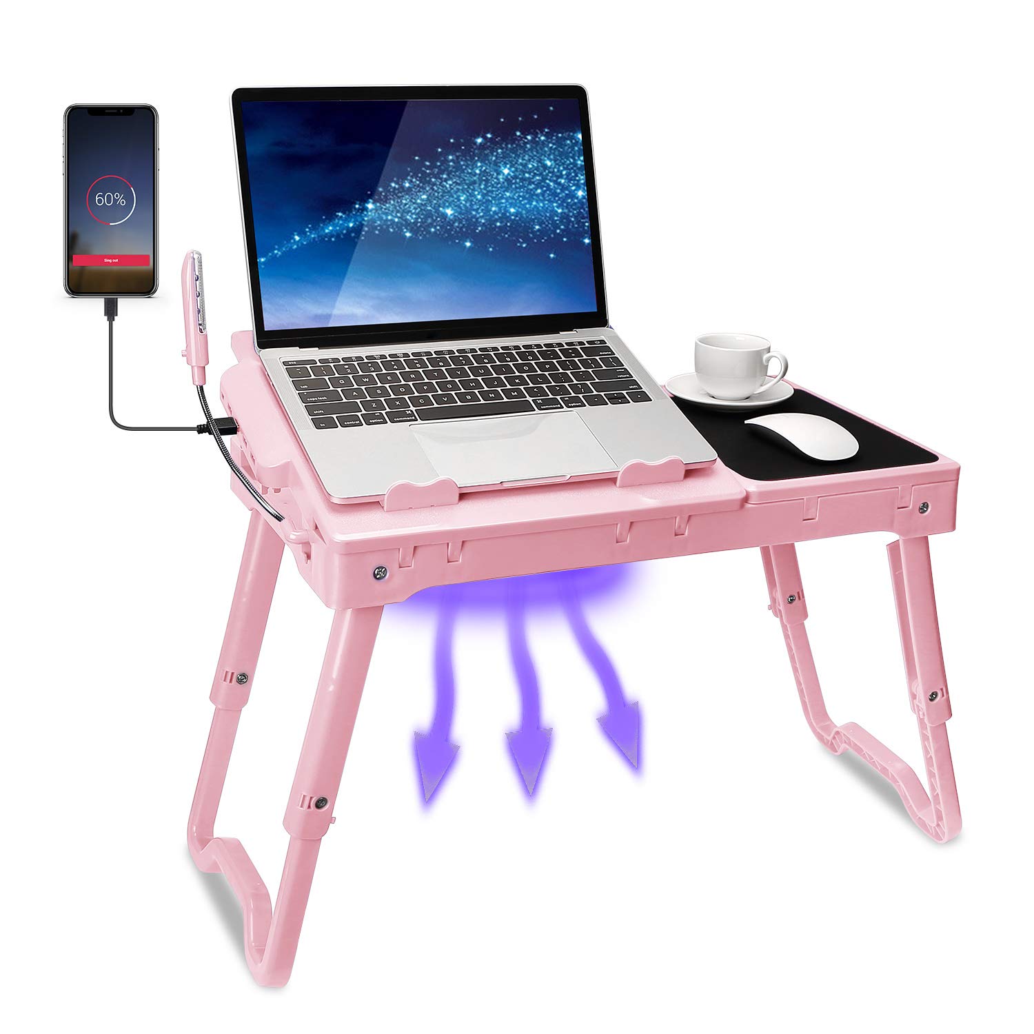 TeqHome Adjustable Laptop Desk for Bed & Couch - Portable Lap Desk with Cooling Fan, Foldable Legs, LED Light, 4 USB Ports & Storage | Perfect for Working, Studying, Gaming in Bed, Sofa or Office
