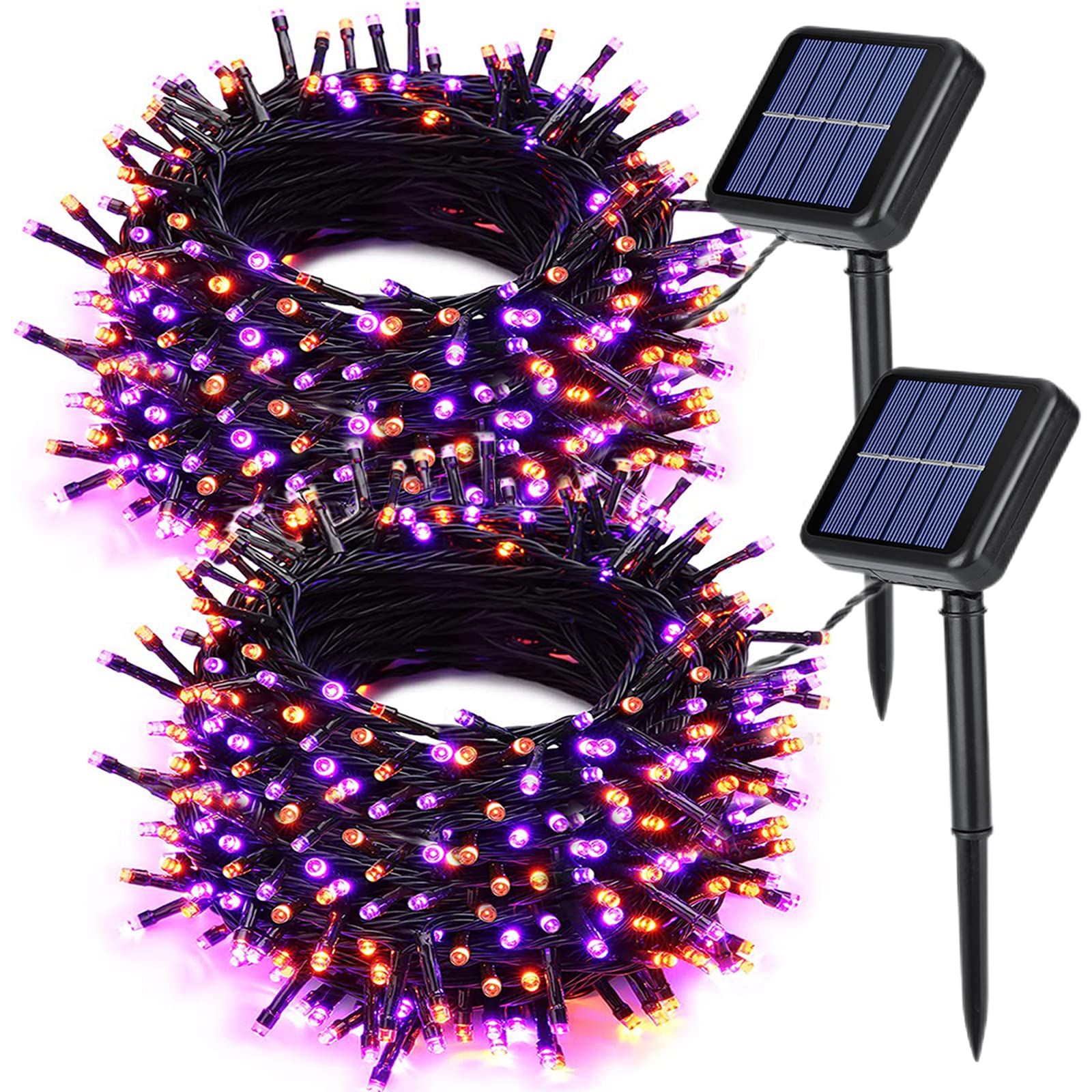 Joomer 2 Pack Halloween Solar String Lights - 144 FT 400 LED Orange & Purple Waterproof Outdoor Lights with 8 Modes for Halloween Decorations, Garden, Patio, Yard, and Party Lighting
