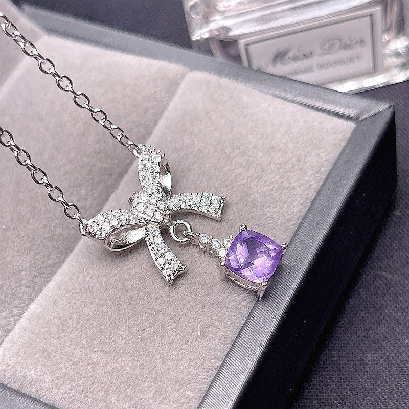 White Gold Amethyst Aquarius Bow Pendant Necklace for Women | Elegant Zodiac Jewelry Gift for Birthday, Anniversary & Valentine's Day | Perfect for Everyday Wear & Special Occasions