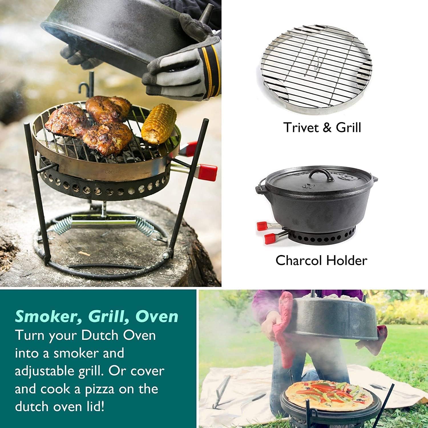 Premium 6-Piece Outdoor Cooking Set - Dutch Oven, Charcoal Holder & Cast Iron Grill Tools - Complete Camping Kitchen Equipment for Backyard BBQs, Picnics & Camping Trips