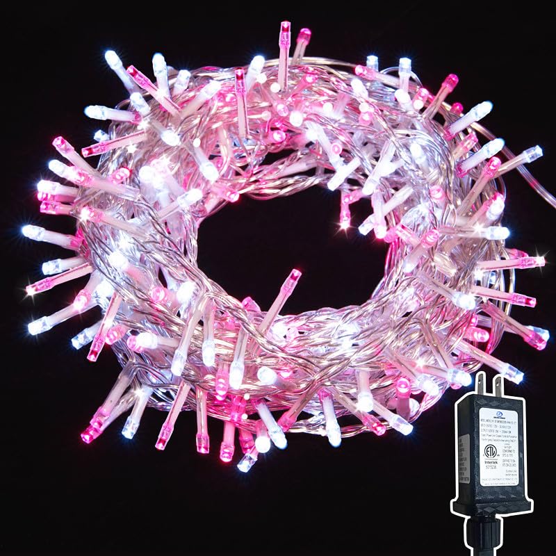 WISD 108ft 600LED Christmas Fairy String Lights with 12 Modes & Memory Function - Plug in Indoor/Outdoor Decorative Lights for Christmas Tree, Home, Garden, Wedding & Party (Pink+White) - Perfect for Holiday Decorations, Bedroom Ambiance and Backyard Lighting