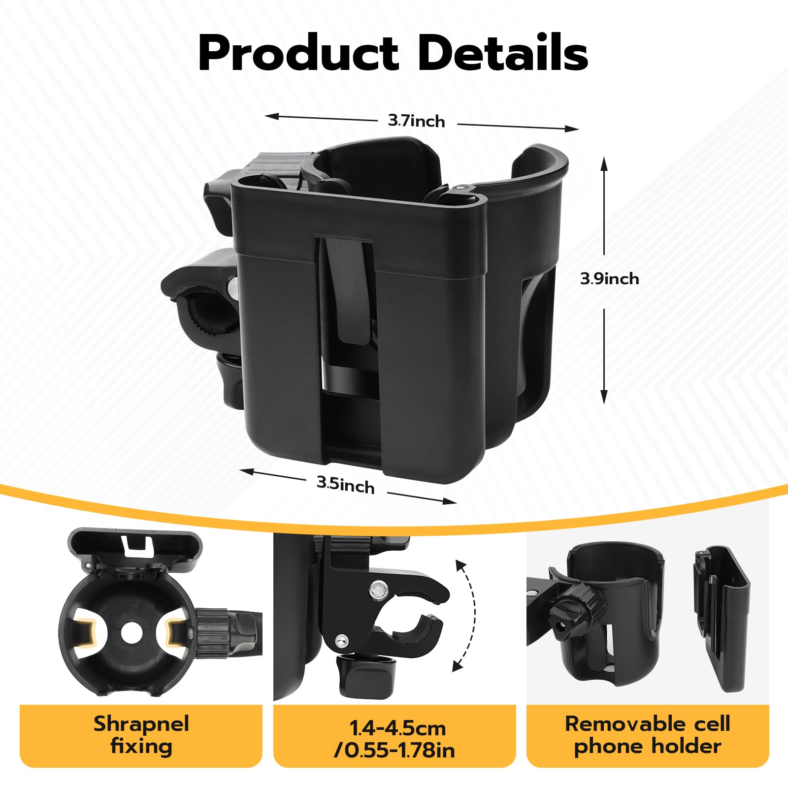 2-in-1 Universal Cup Holder with Phone Mount - Removable Dual Cup & Phone Holder for Car, Boat, Stroller, Wheelchair, Bicycle, Golf Cart - Perfect for Travel, Outdoor Activities and Daily Commute [Black]