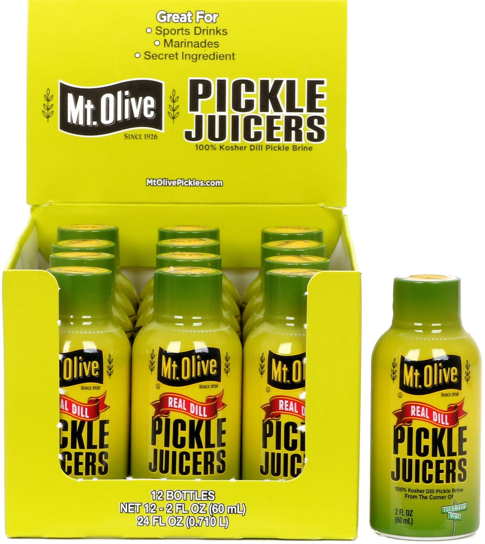 Mt. Olive Pickle Juice 100% Kosher Dill Pickle Brine - 12 Pack of 2 fl oz Bottles | Hydration & Recovery Drink for Athletes, Cocktail Mixer, Cooking Ingredient