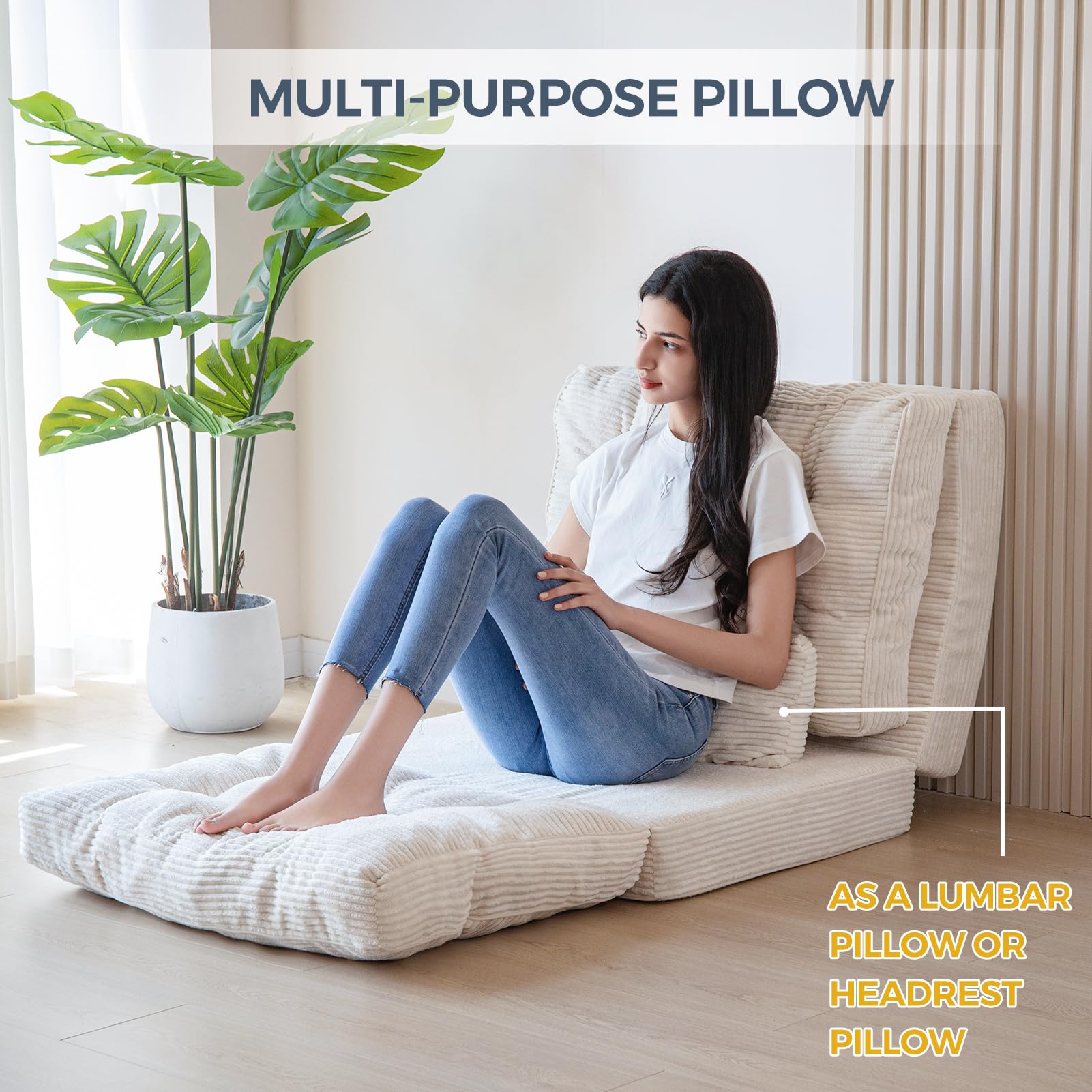 MAXYOYO Tufted Bean Bag Bed - Extra Thick & Long Folding Sofa Bed with Pillows, 30x91 Inch Beige Floor Mattress for Adults | Perfect for Bedroom, Living Room & Small Spaces | Great for Lounging, Napping & Guest Sleeping