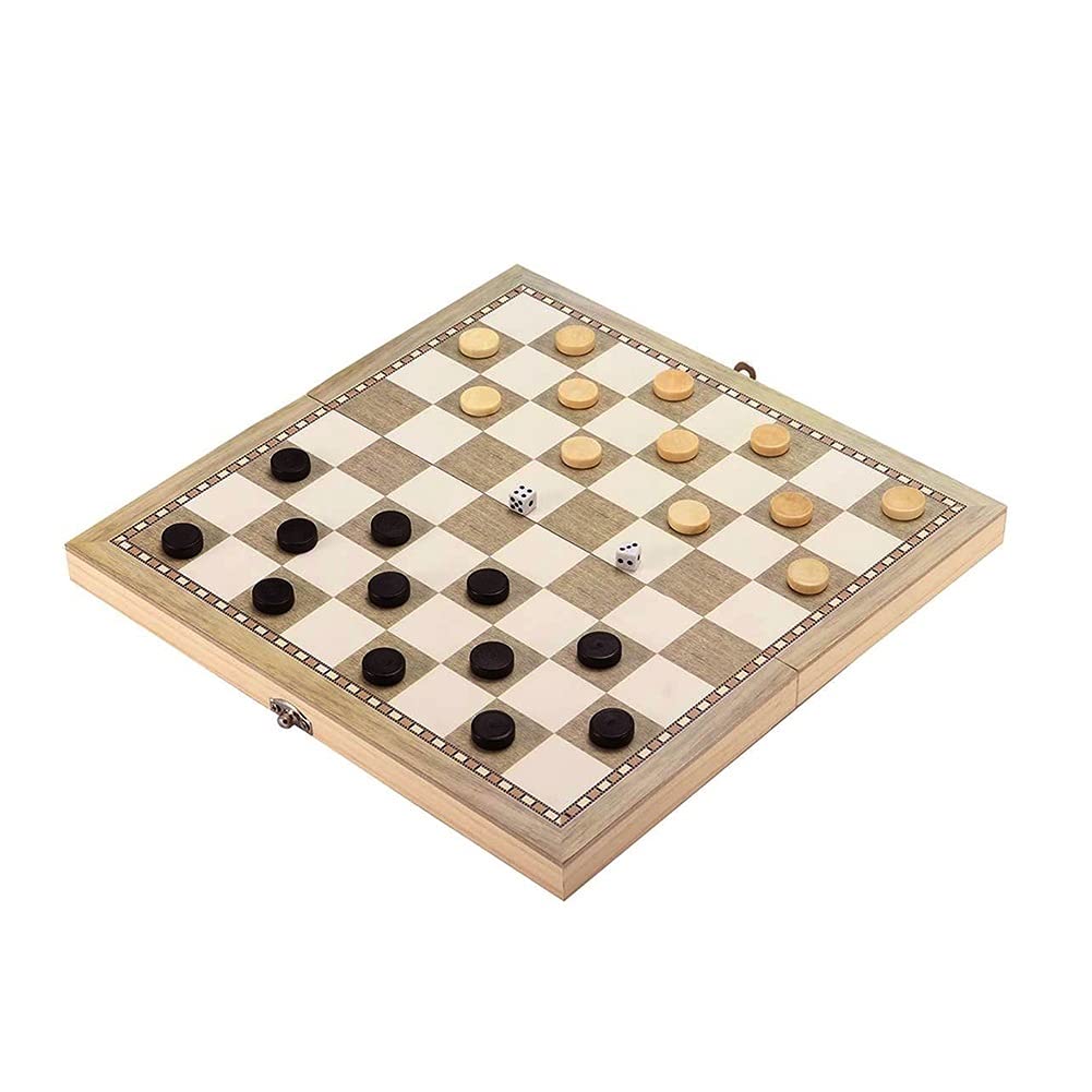 Foldable Wooden Chess Board Set - Portable Travel Games for Chess, Backgammon & Checkers with Chess Pieces - 39x39cm Classic Board Game for Adults & Kids - Perfect for Home, Office, Travel & Family Game Nights