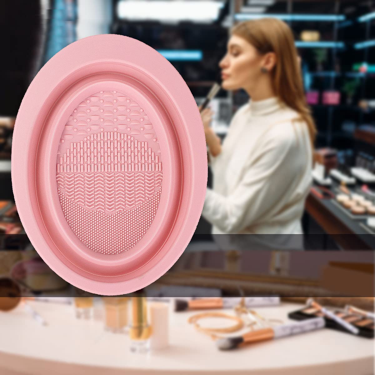 Foldable Silicone Makeup Brush Cleaning Mat & Bowl Set - Easy Clean Girl Makeup Brush Cleaner Washing Tool with Non-Slip Pad (Pink) | Perfect for Home, Travel & Professional Makeup Brush Care